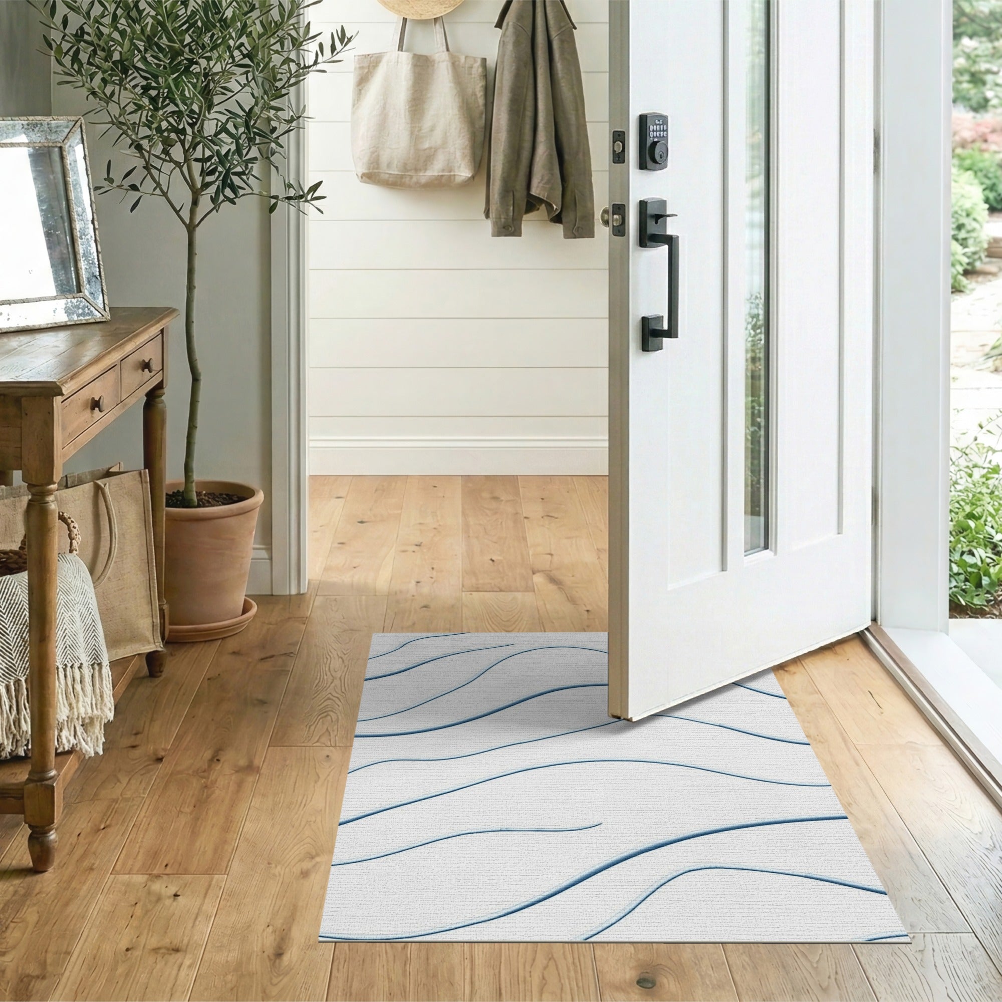 Abstract Blue Wavy Lines Area Rug