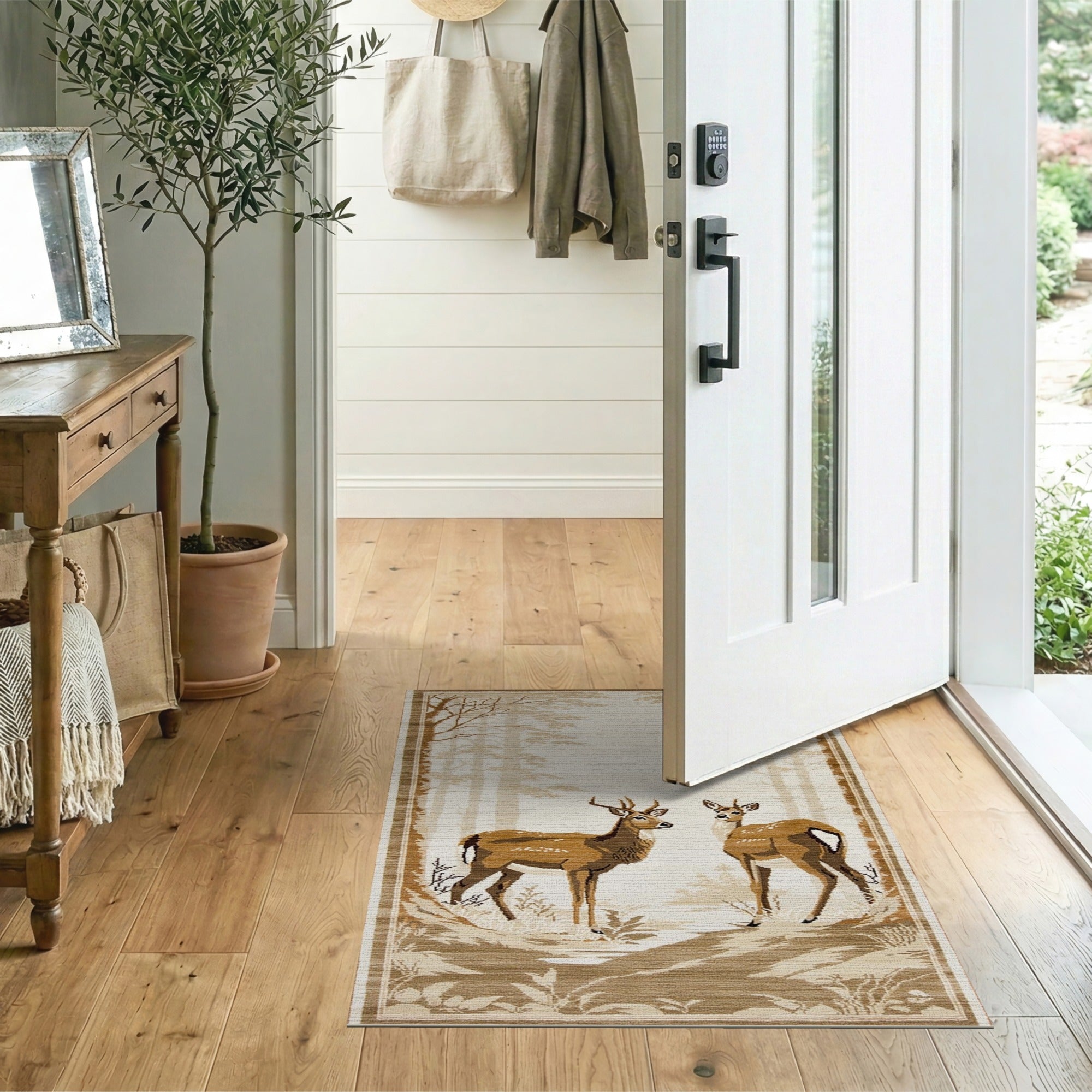 Beige Woodland Deer Forest Area Rug