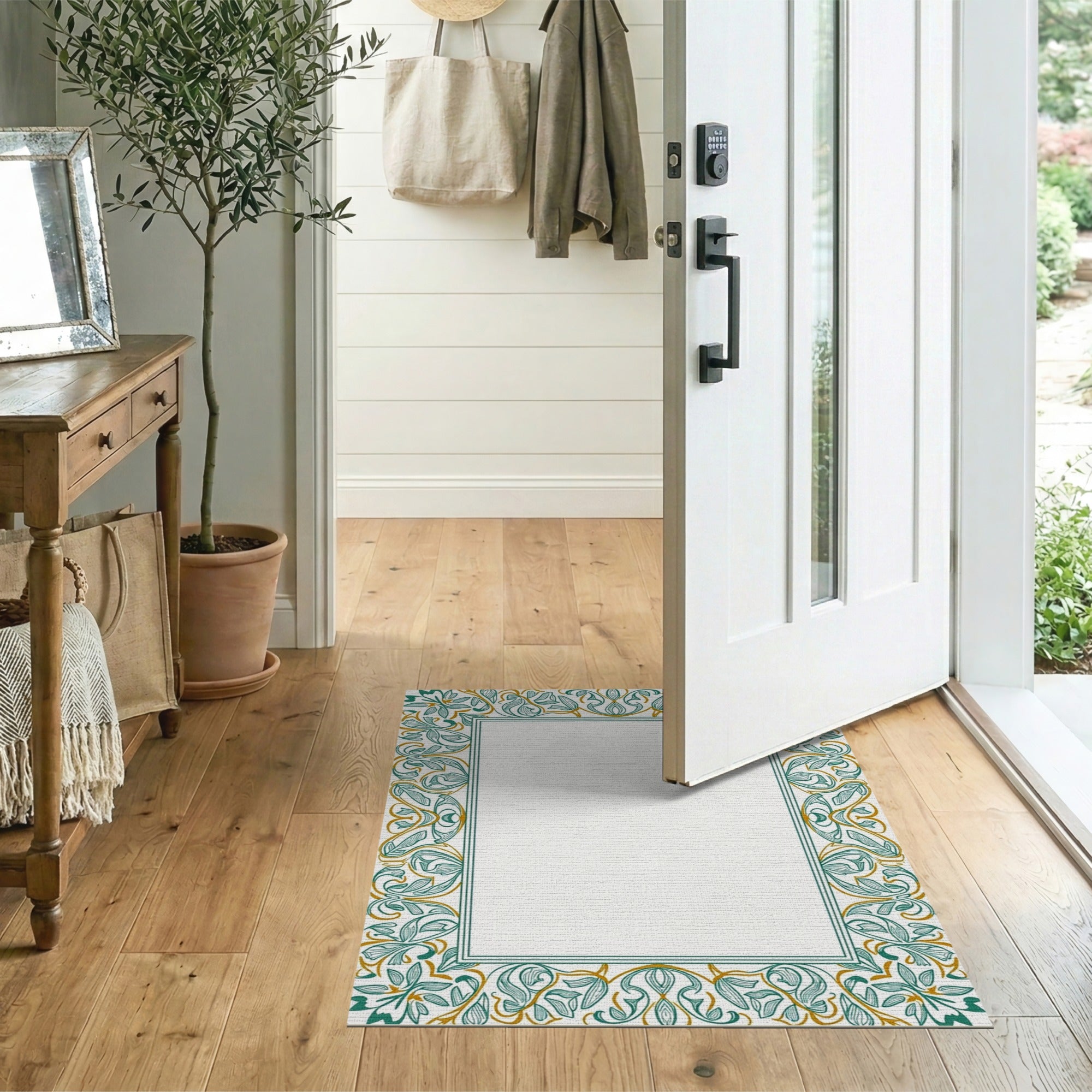 Teal and Gold Ornate Floral Border Rug