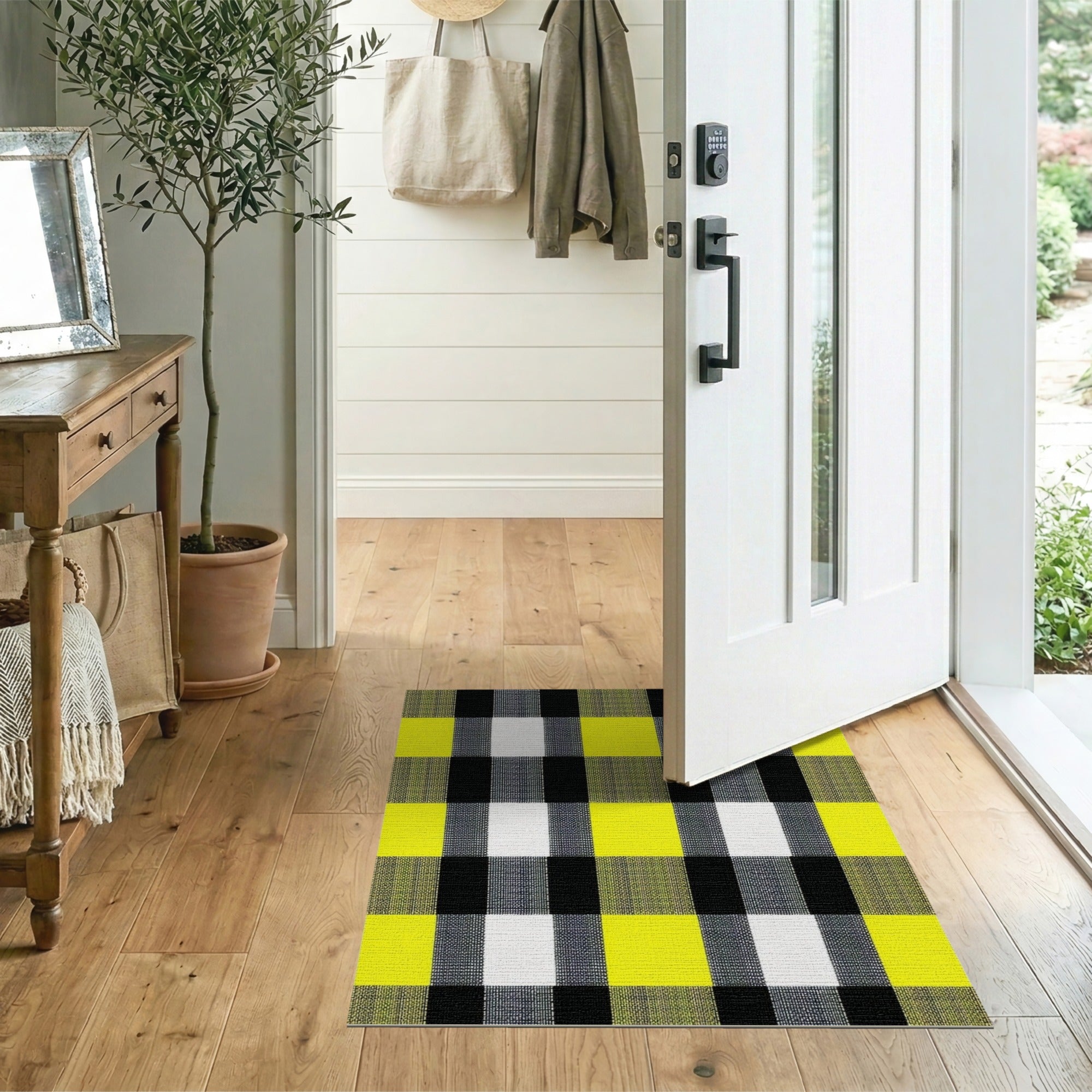 Yellow Black Grey Plaid Woven Area Rug