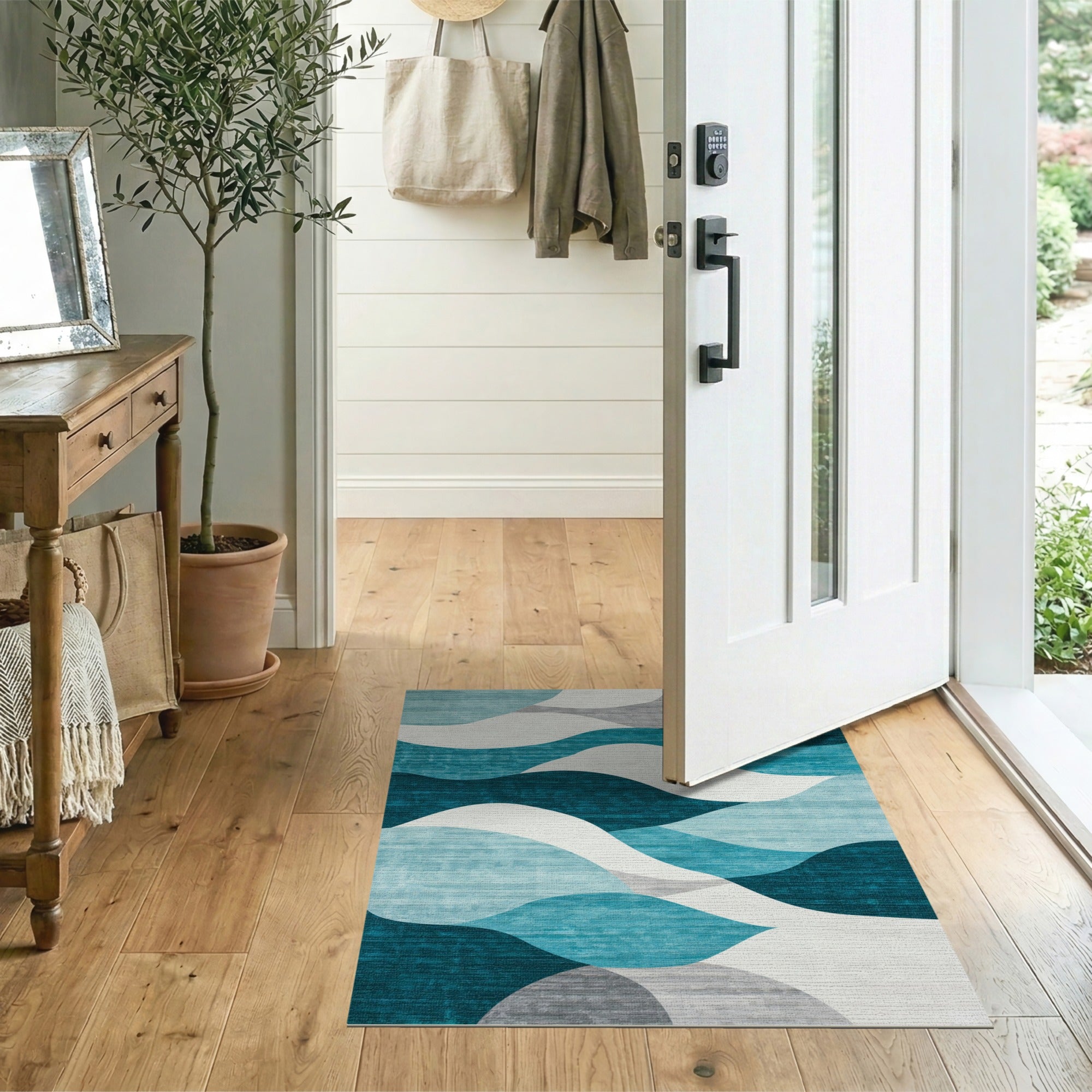 ODIKA Modern Abstract Waves Washable Area Rug, Teal & Grey Low Pile Non-Slip