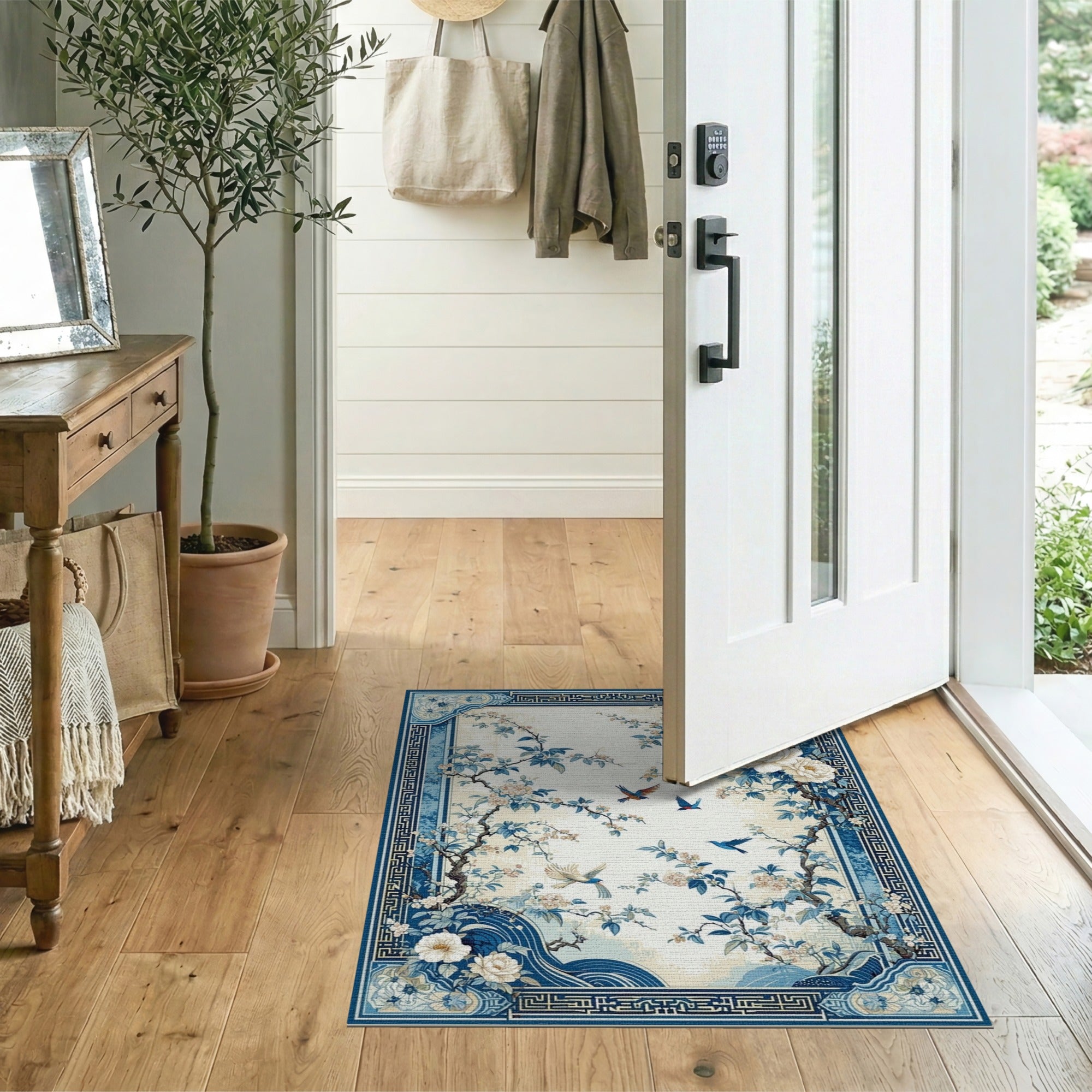 ODIKA Washable Chinoiserie Blue and White Floral Area Rug - Low Pile Non-Slip Pet & Kid Friendly