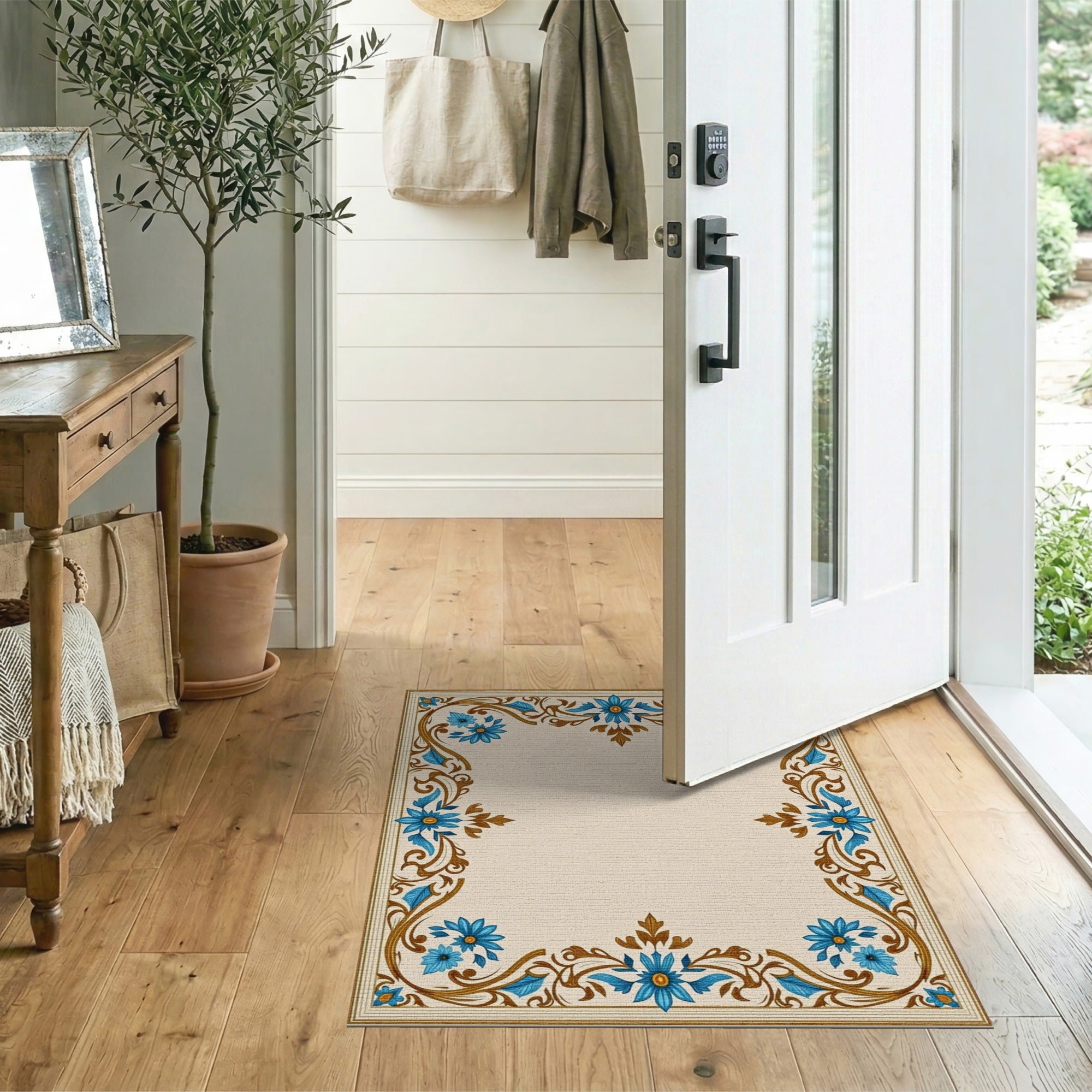 Floral Vintage Blue and Teal Ornate Blue Floral Border Area Rug