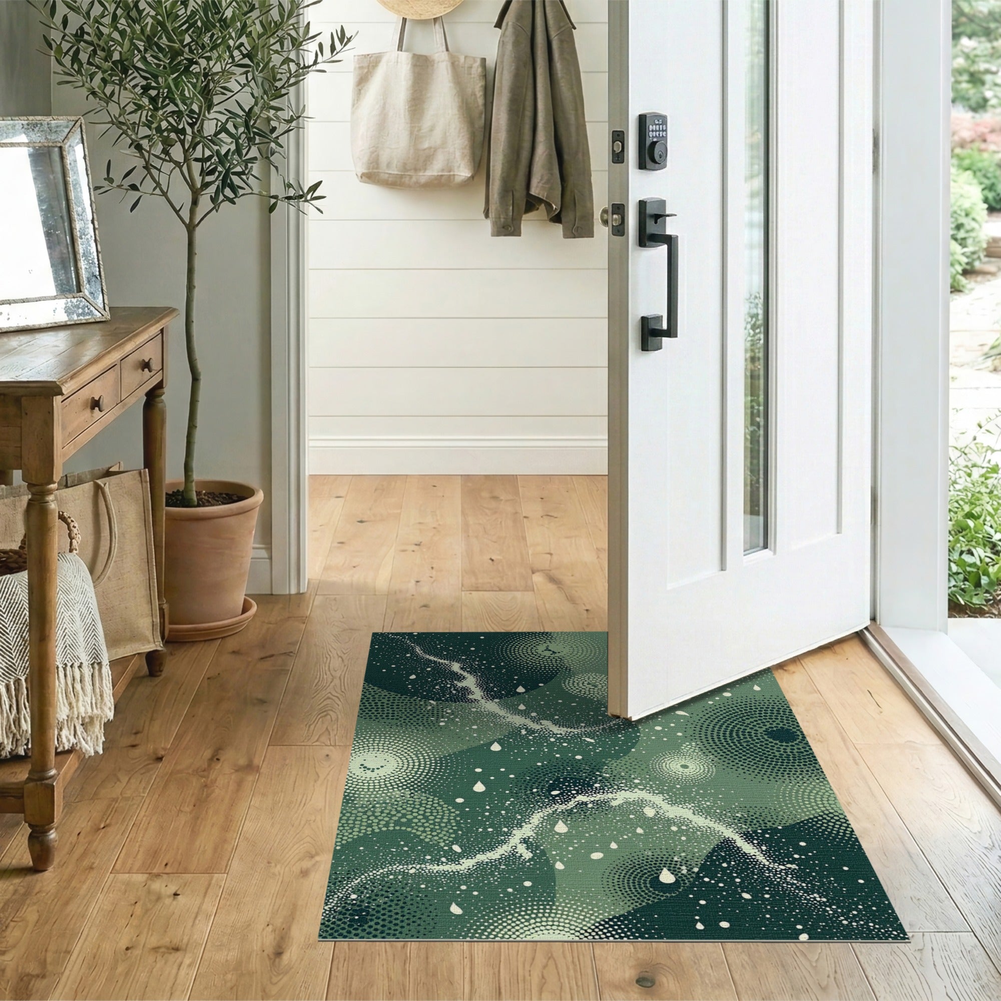 Green Abstract Lightning Dots Area Rug