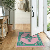 Vintage Pink Area Rug with Teal Floral Border