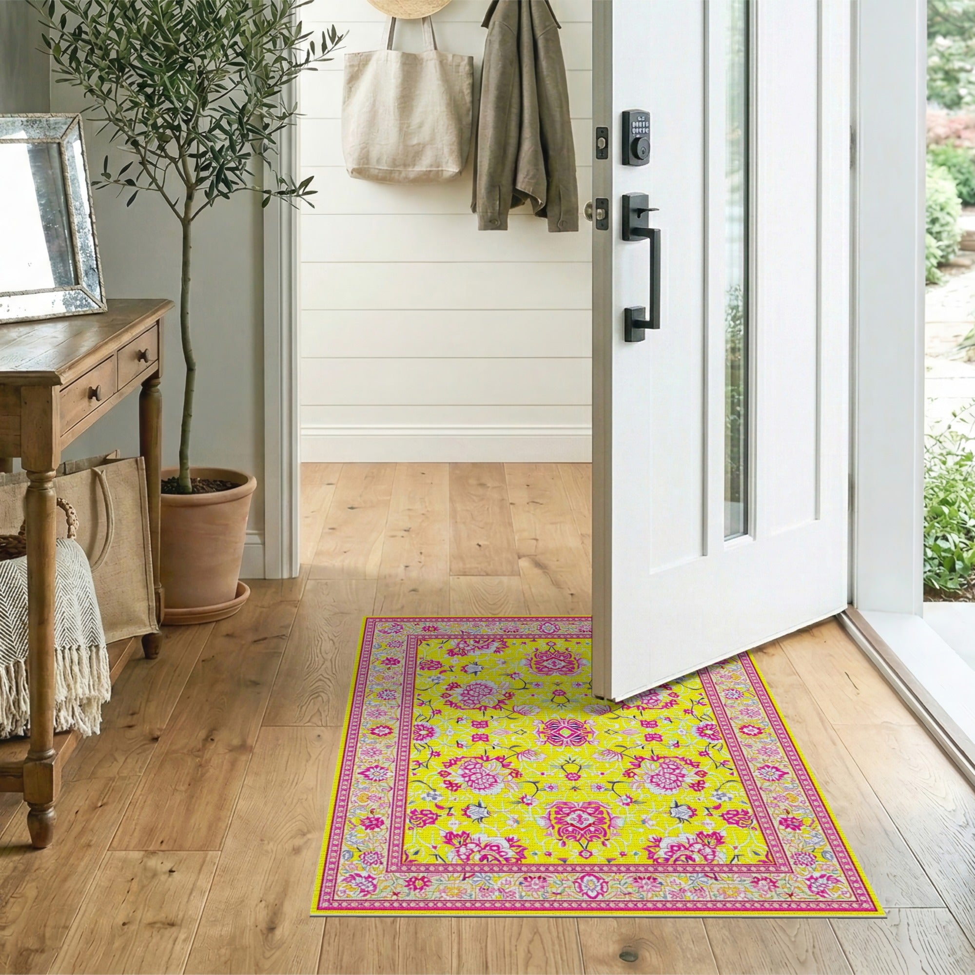 Vibrant Yellow Field Pink Floral Persian Rug