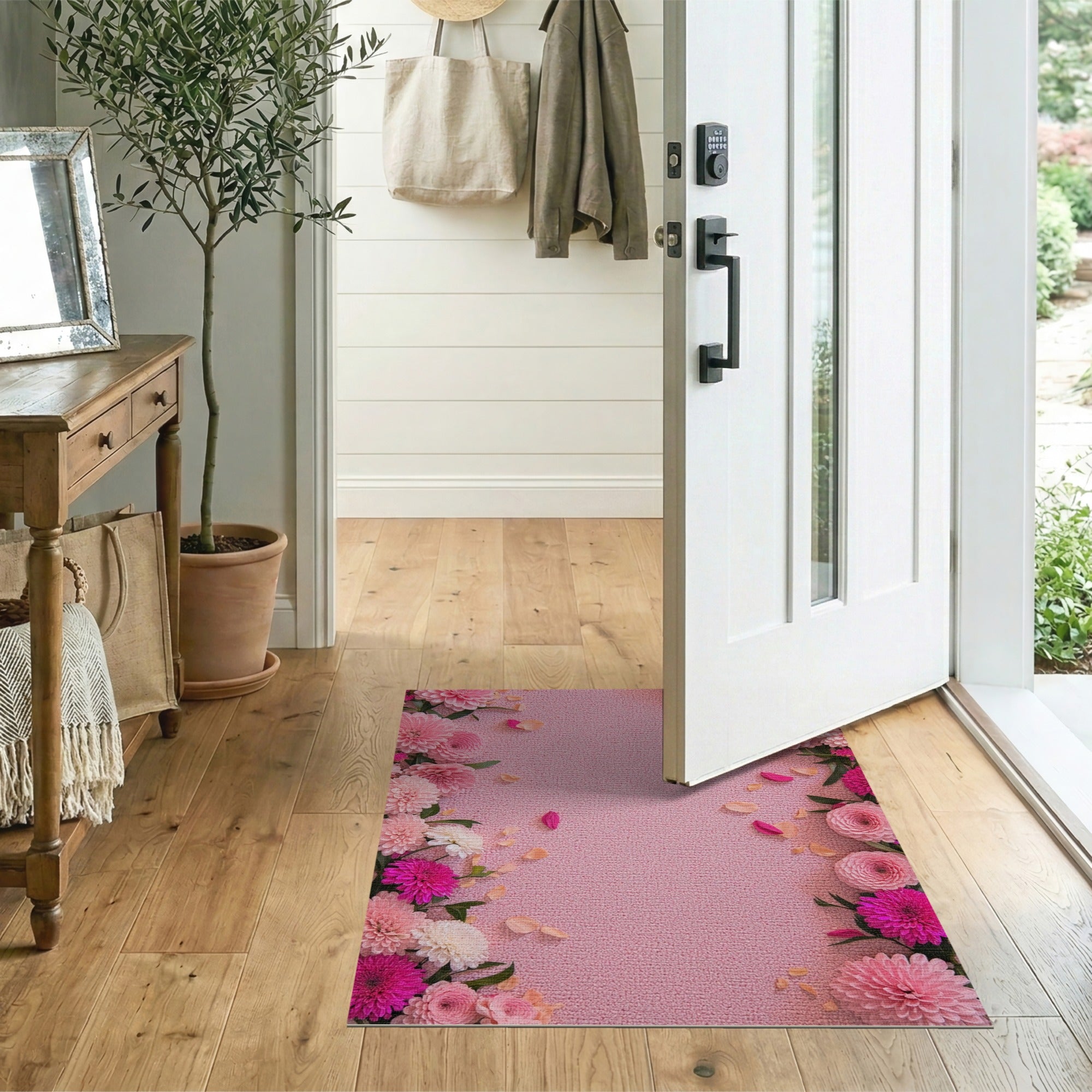 Blush Pink Dahlia Floral Border Rug