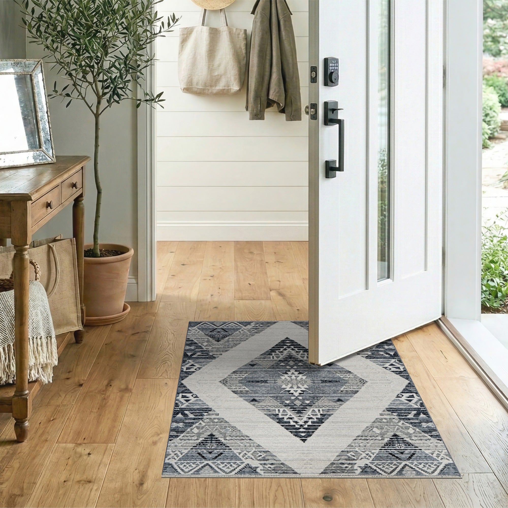 Blue Grey Tribal Geometric Fringe Area Rug