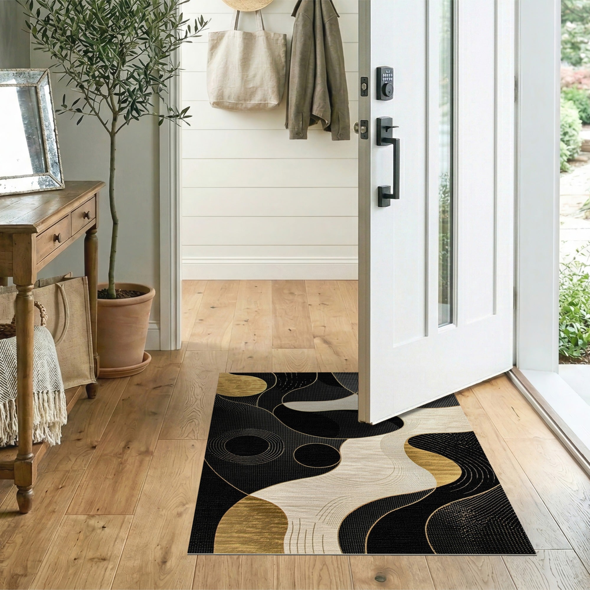 ODIKA Modern Abstract Gold and Black Washable Area Rug - Low Pile Non-Slip Indoor Rug
