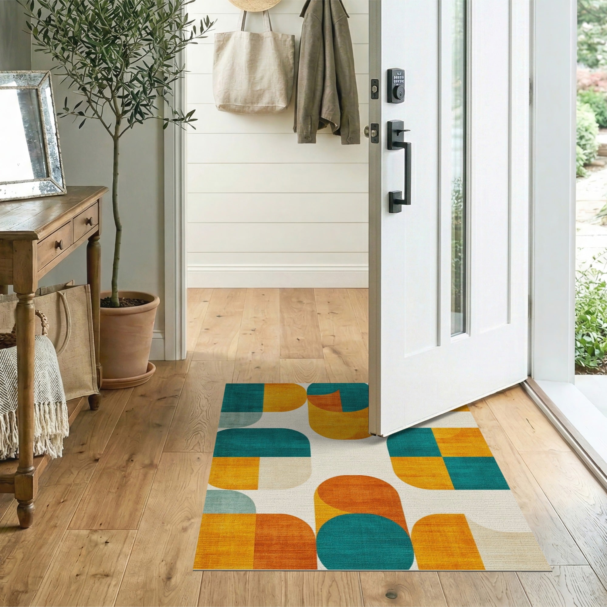 ODIKA Mid-Century Modern Geometric Washable Area Rug, Teal & Mustard