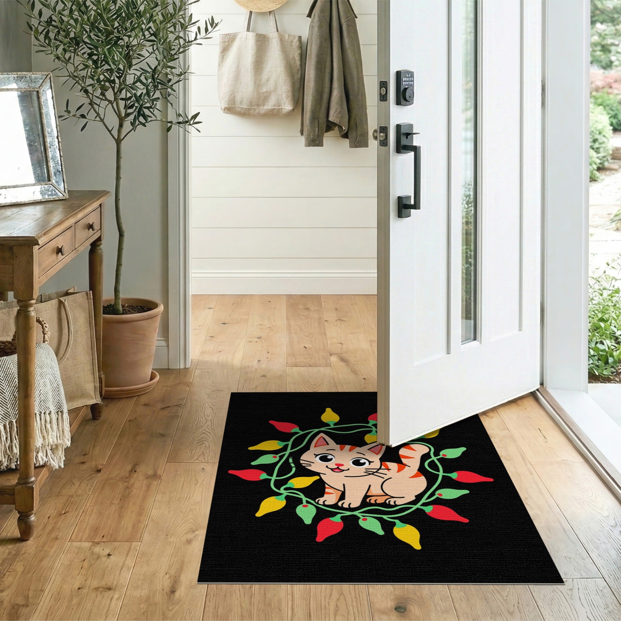 Cute Cartoon Kitten with Festive Lights Area Rug