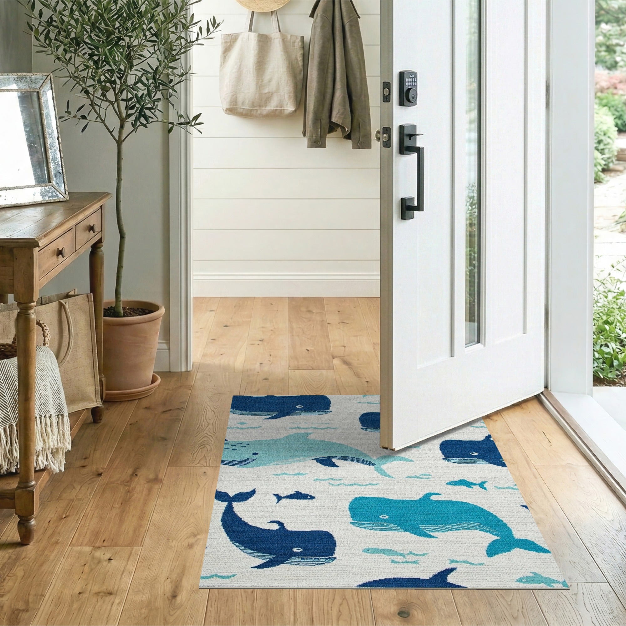 Blue and Teal Playful Whale Ocean Kids Area Rug