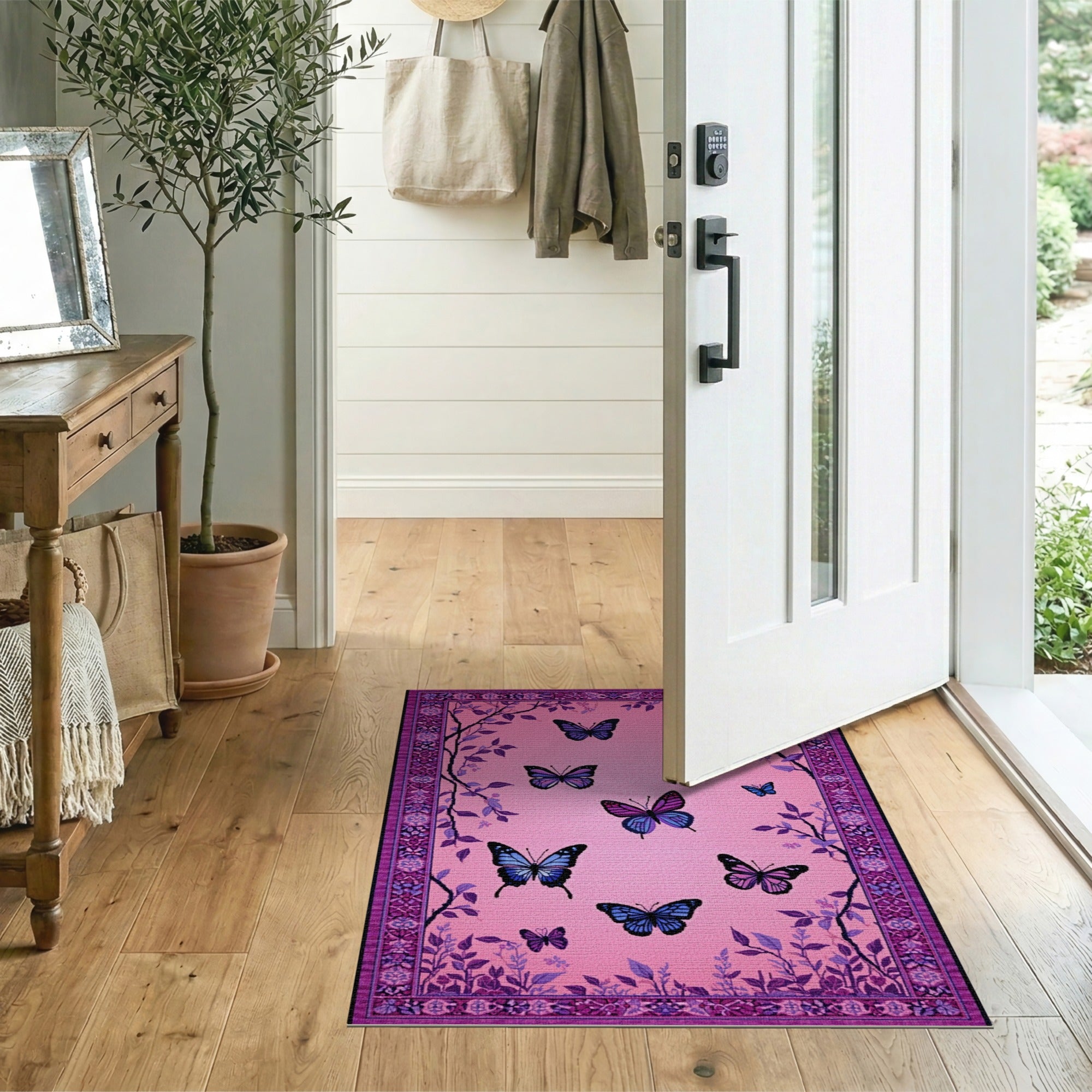 Whimsical Purple Butterflies Pink Area Rug