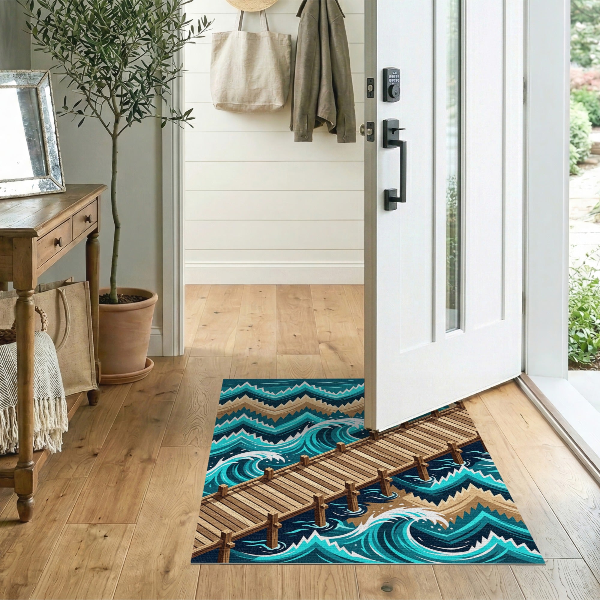 Teal Ocean Pier Crashing Waves Area Rug