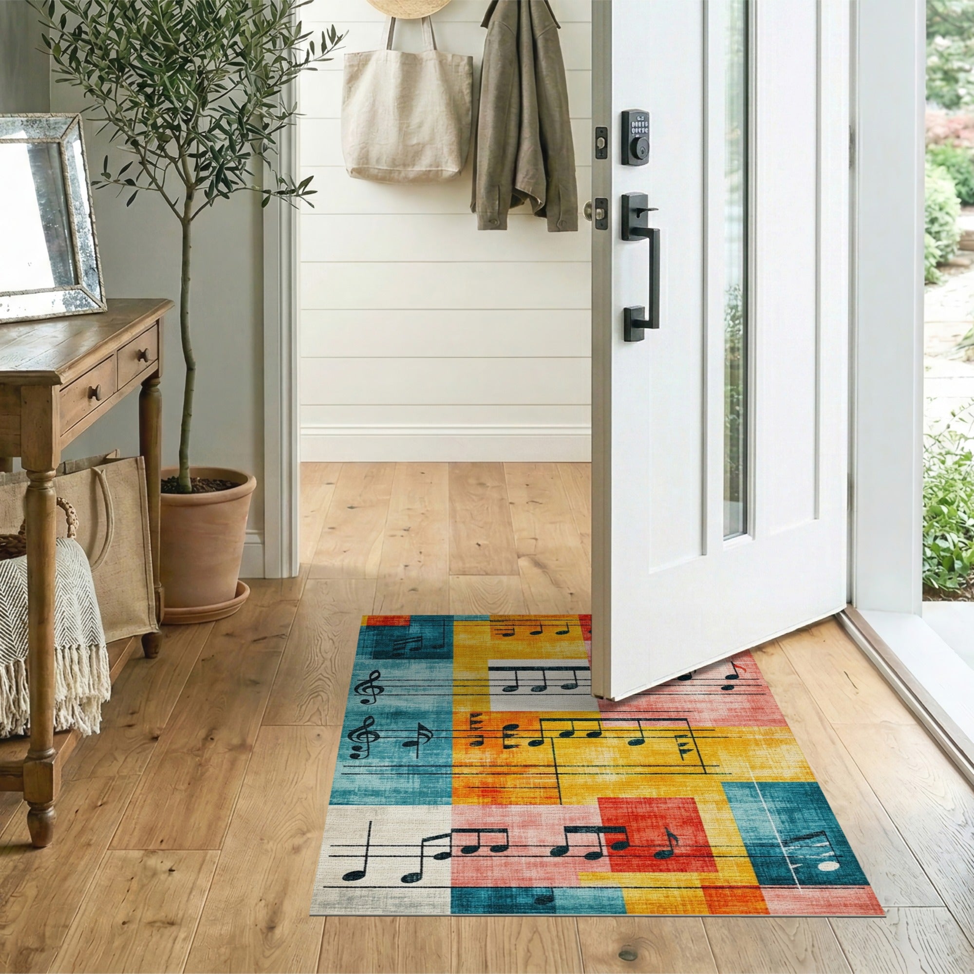 ODIKA Washable Music Note Abstract Area Rug - Vintage Teal & Orange Low Pile Non-Slip Rug