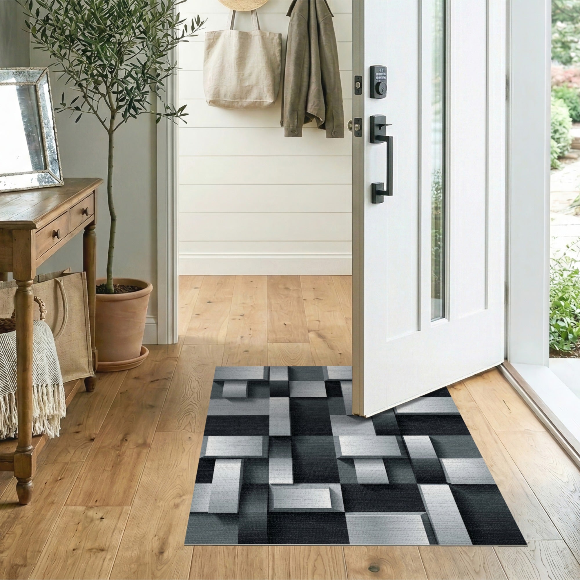 3D Geometric Cube Black White Area Rug
