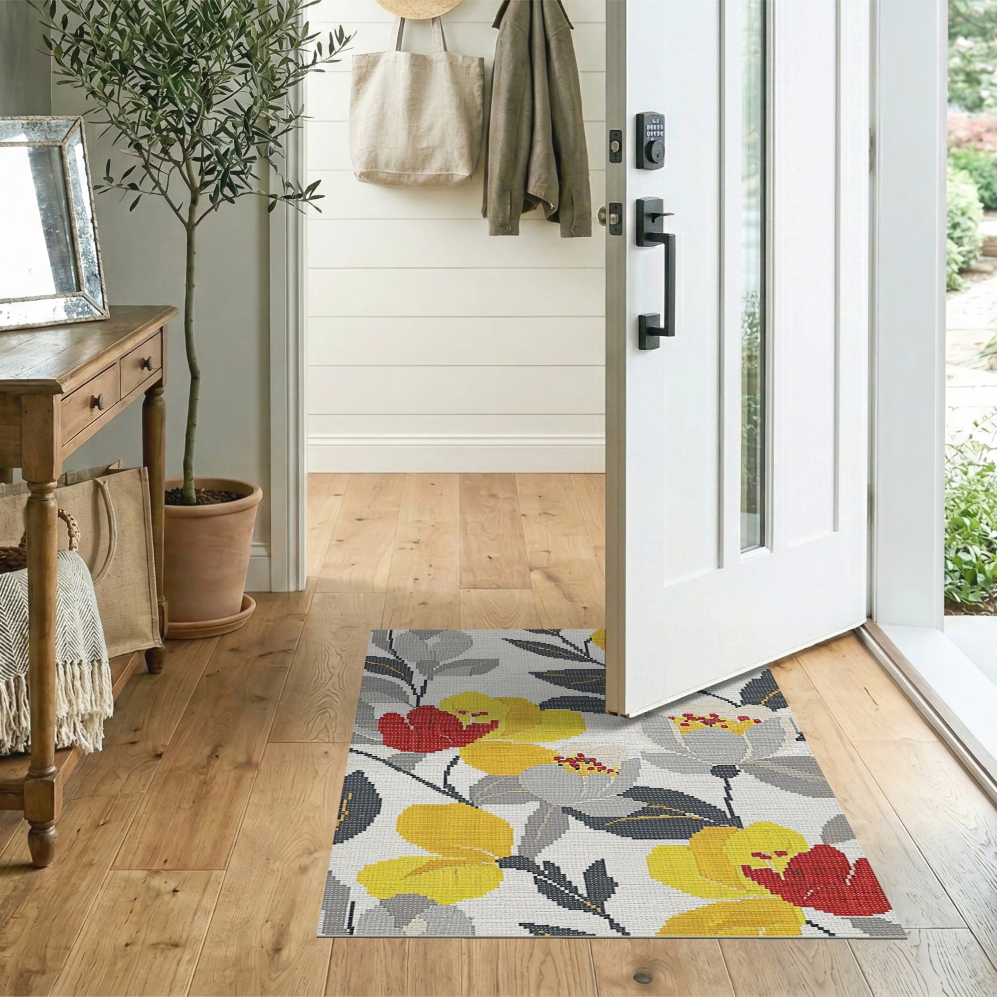 Yellow Red Grey Floral Cross-Stitch Area Rug