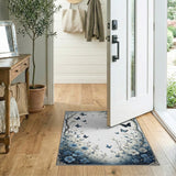 Washable Blue Floral Butterfly Vintage Low Pile Area Rug