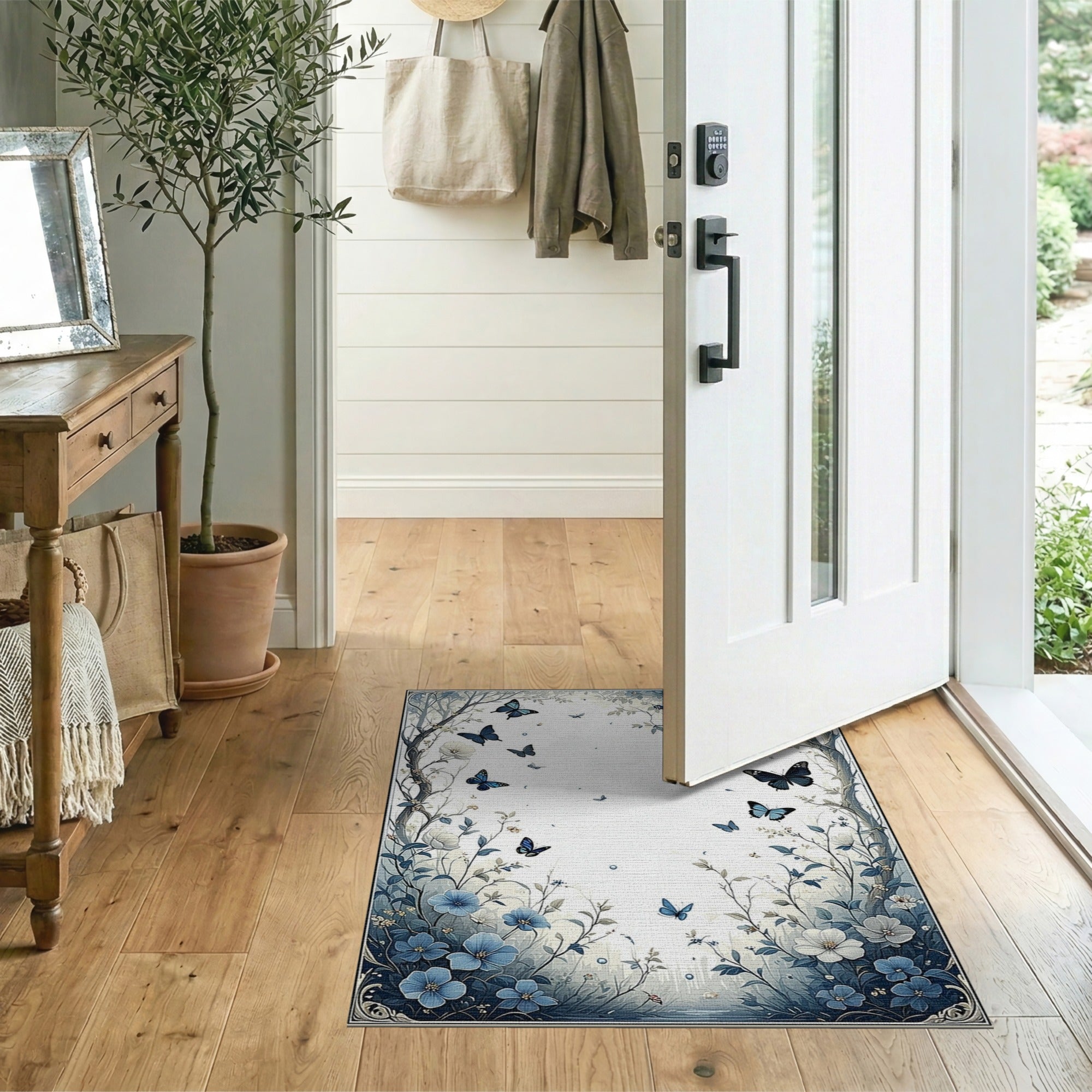 Washable Blue Floral Butterfly Vintage Low Pile Area Rug