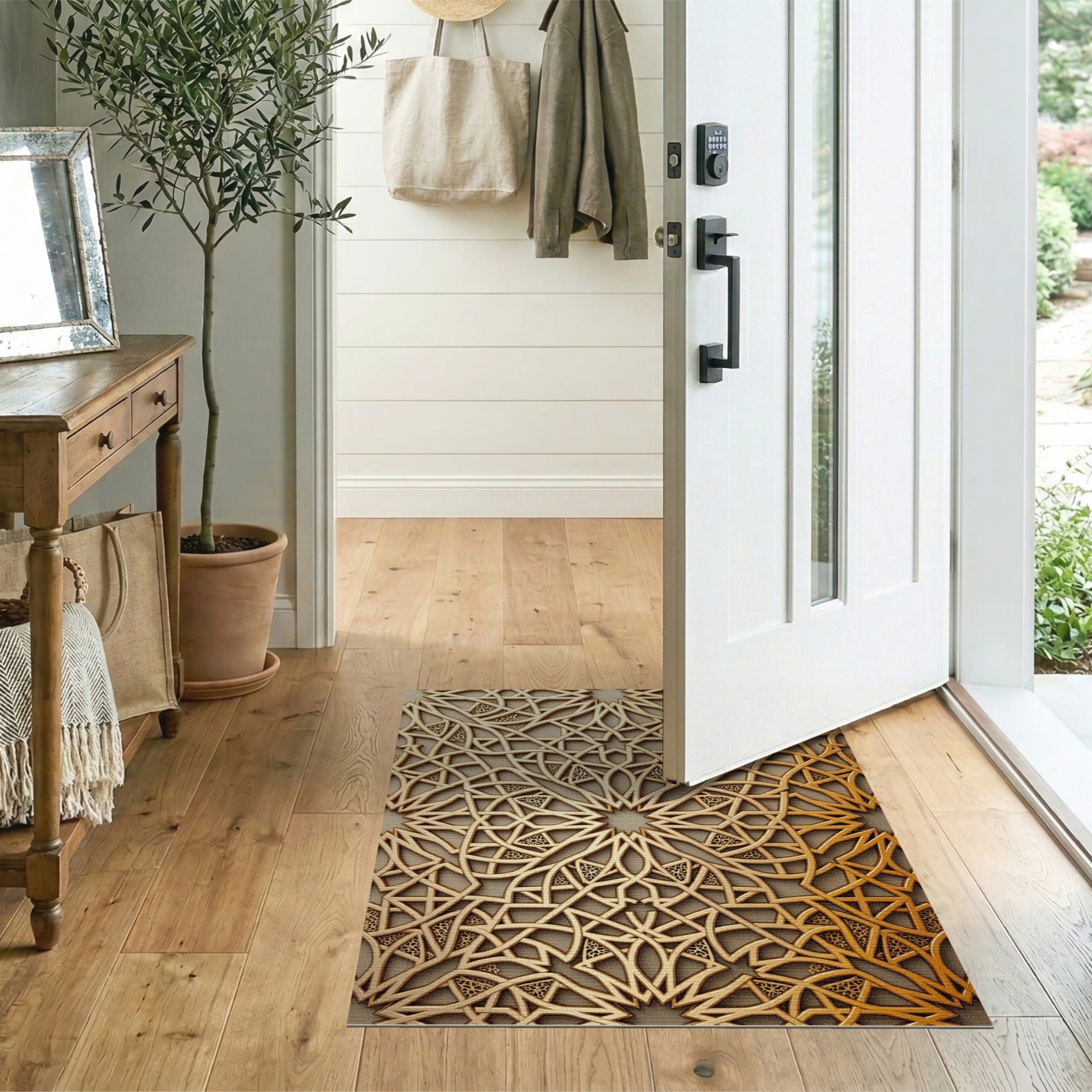 Intricate Gold Lattice Geometric Area Rug