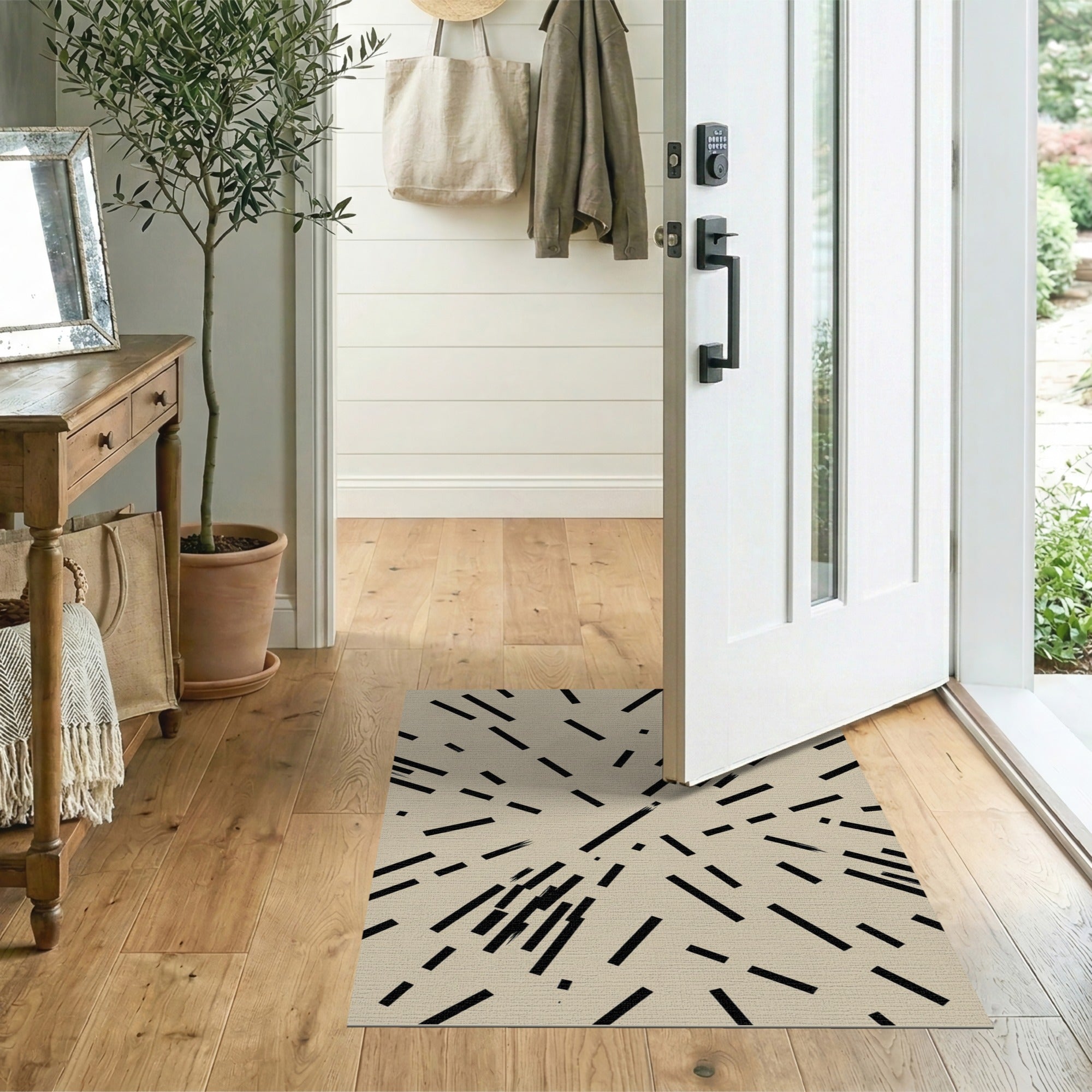 Modern Black Lines Abstract Beige Area Rug