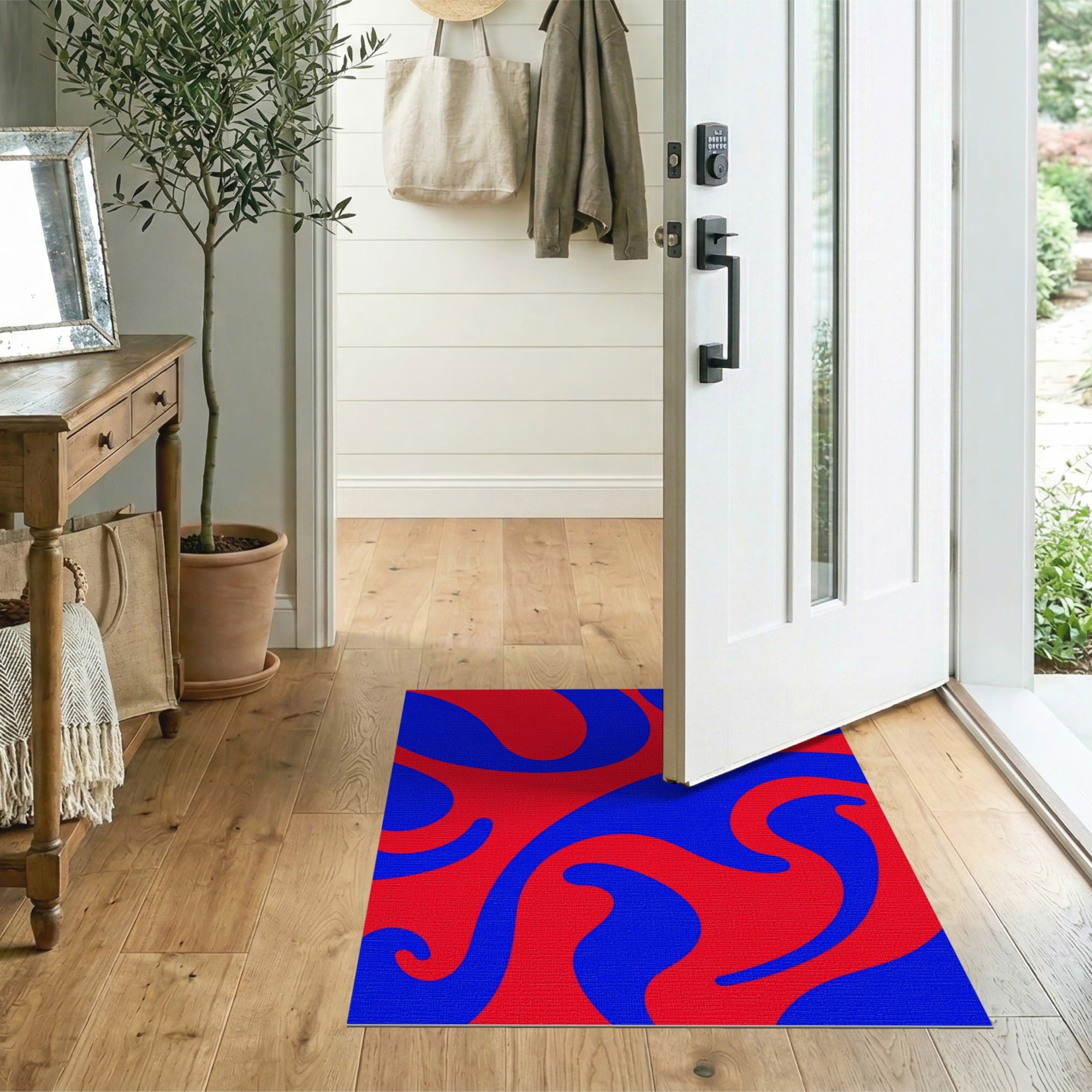 Vibrant Red Blue Abstract Wave Area Rug