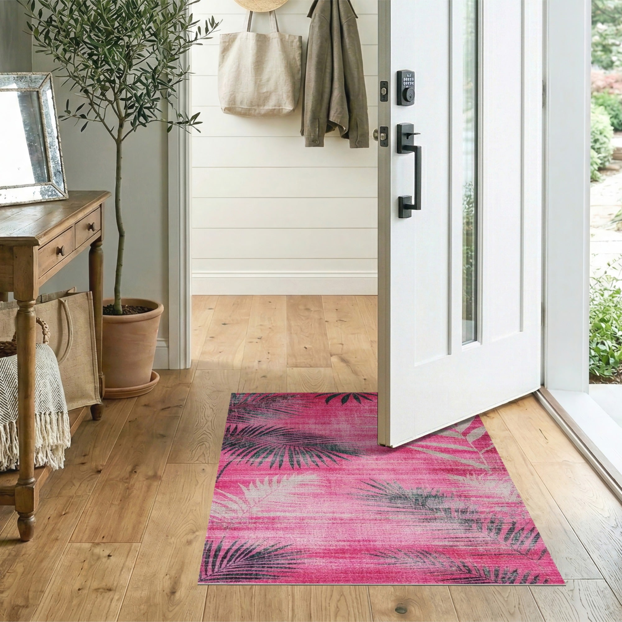 Pink Palm Frond Distressed Vintage Area Rug