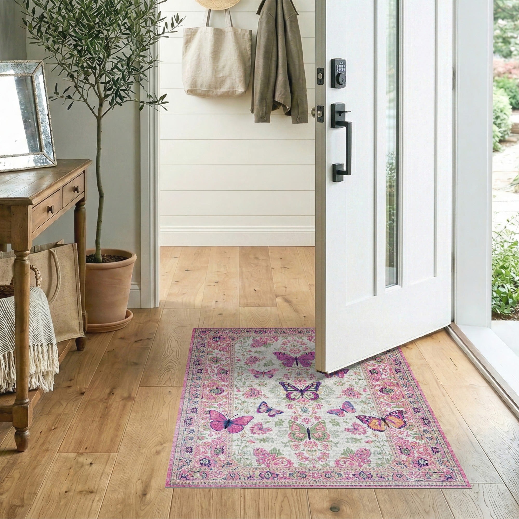 Vintage Pink Butterfly Floral Floral Vintage Area Rug