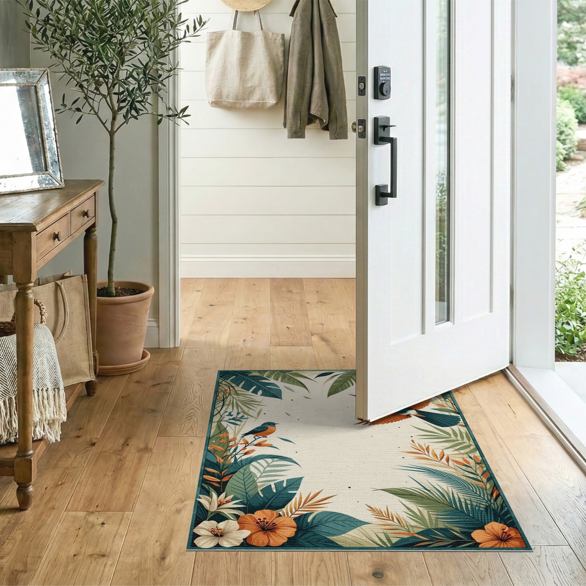 Tropical Kingfisher Birds and Palm Leaves Area Rug