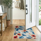 Hibiscus Floral Area Rug with Blue Leaves