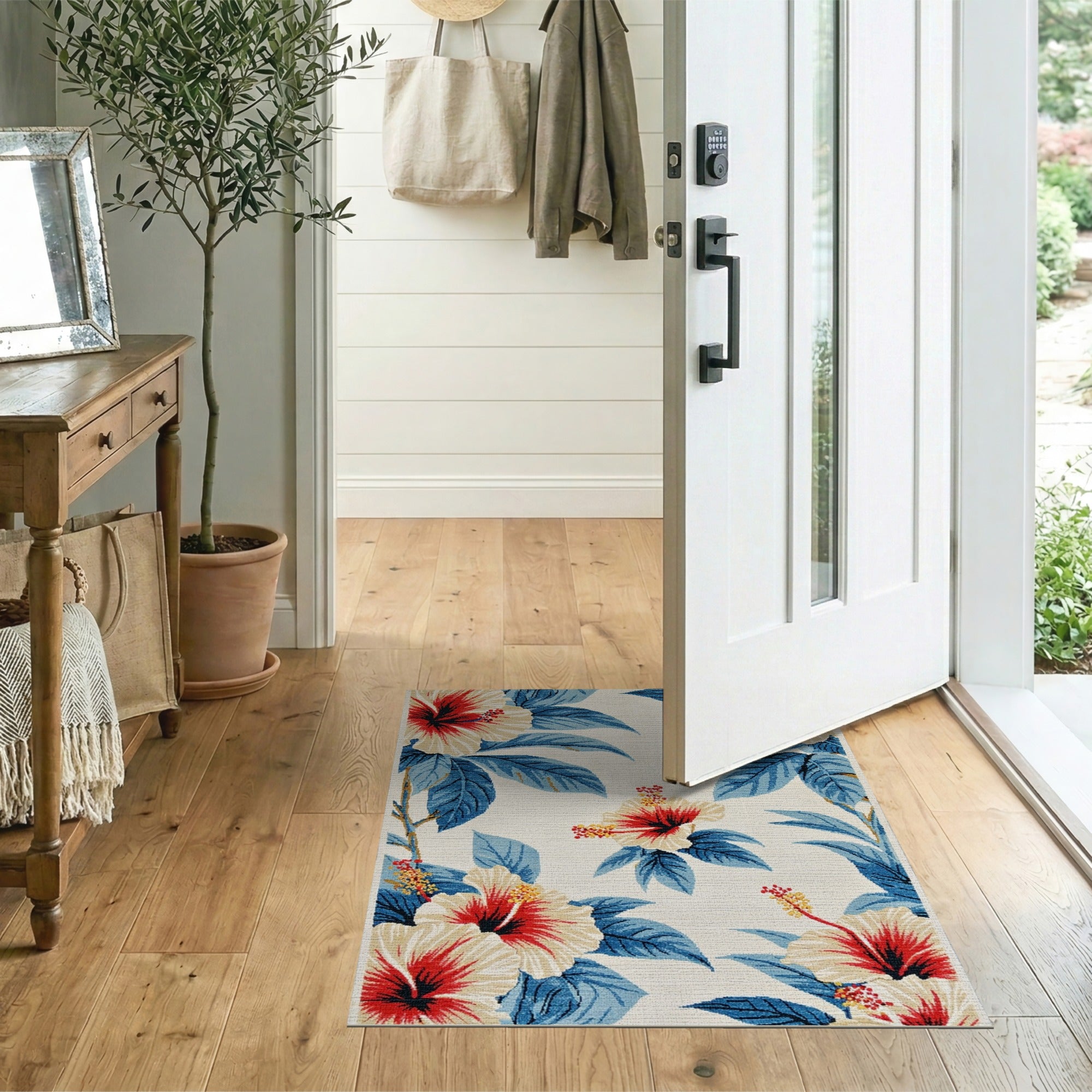 Hibiscus Floral Area Rug with Blue Leaves
