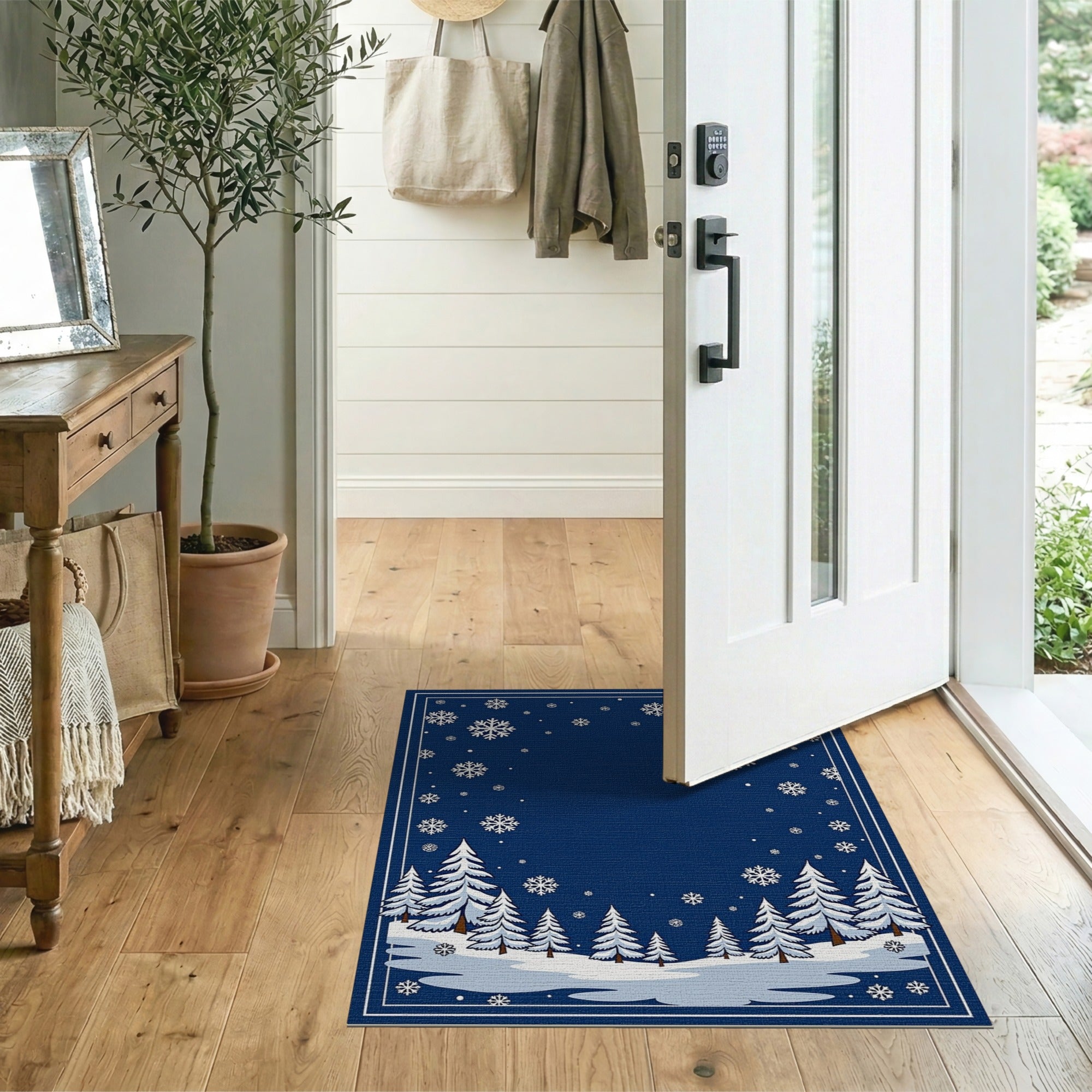 Navy Snowflakes Snowy Pines Area Rug