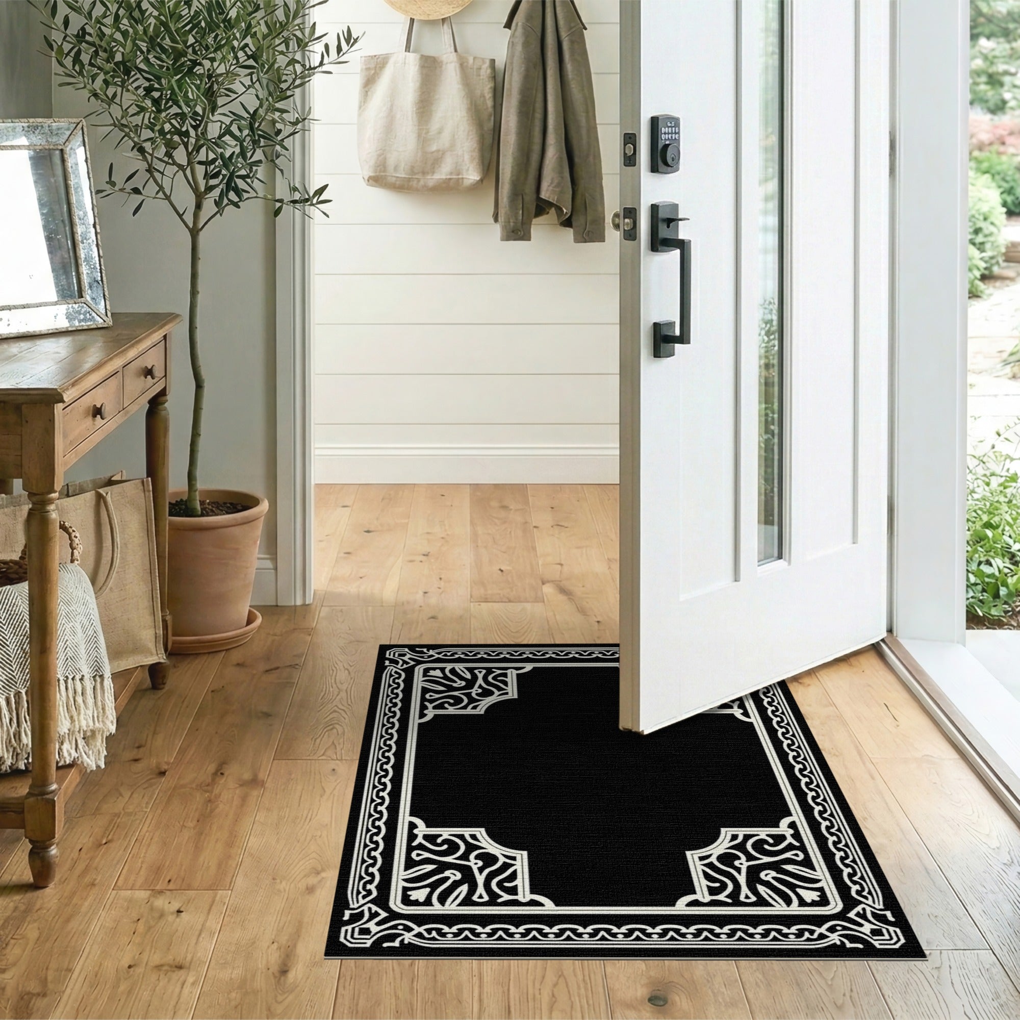 Ornate Black White Floral Frame Floral Vintage Area Rug