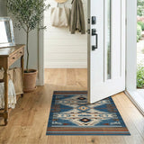 ODIKA Southwestern Washable Area Rug, Blue Tribal Geometric Low Pile Non-Slip Rug for Living Room Bedroom