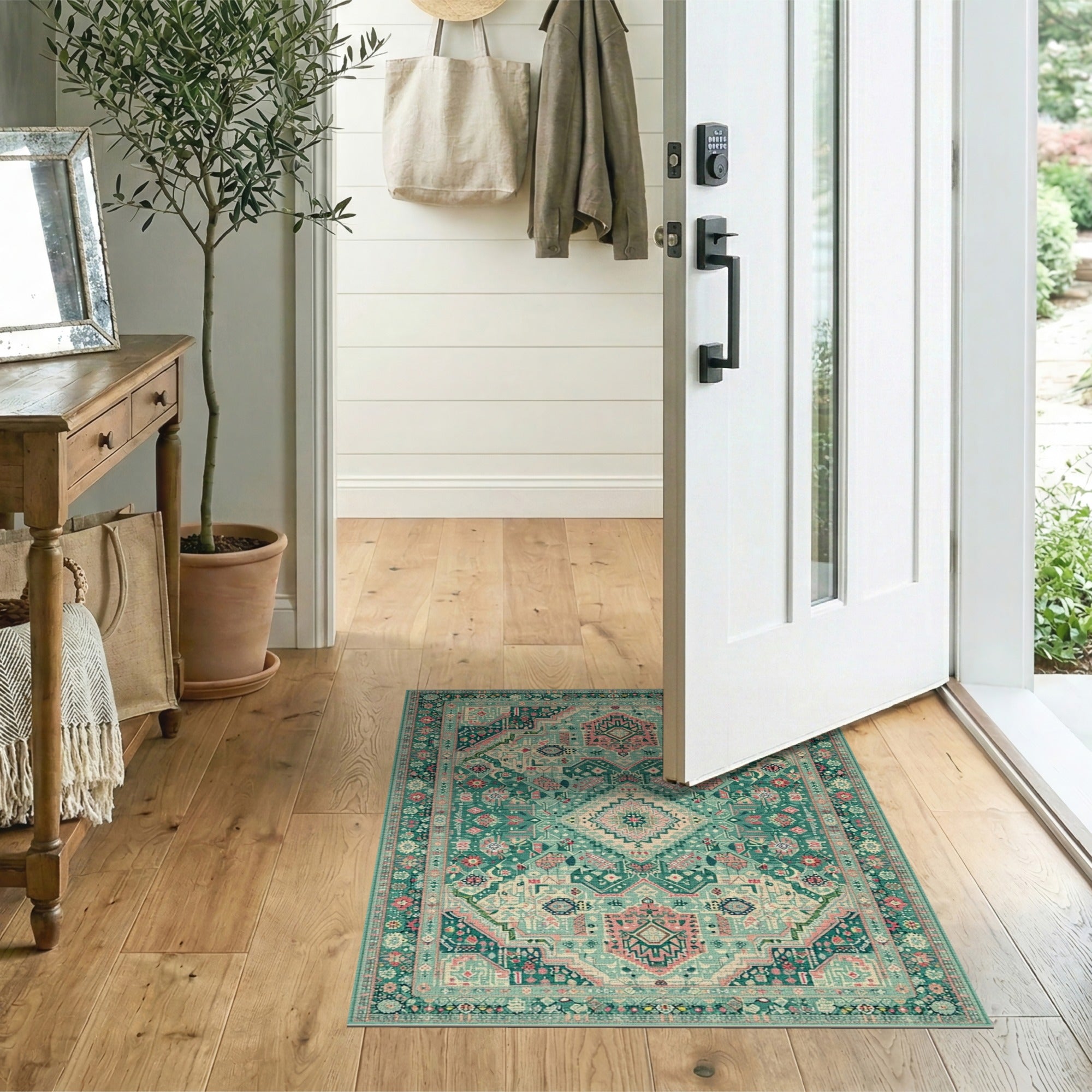 Teal Persian Area Rug with Coral Accents
