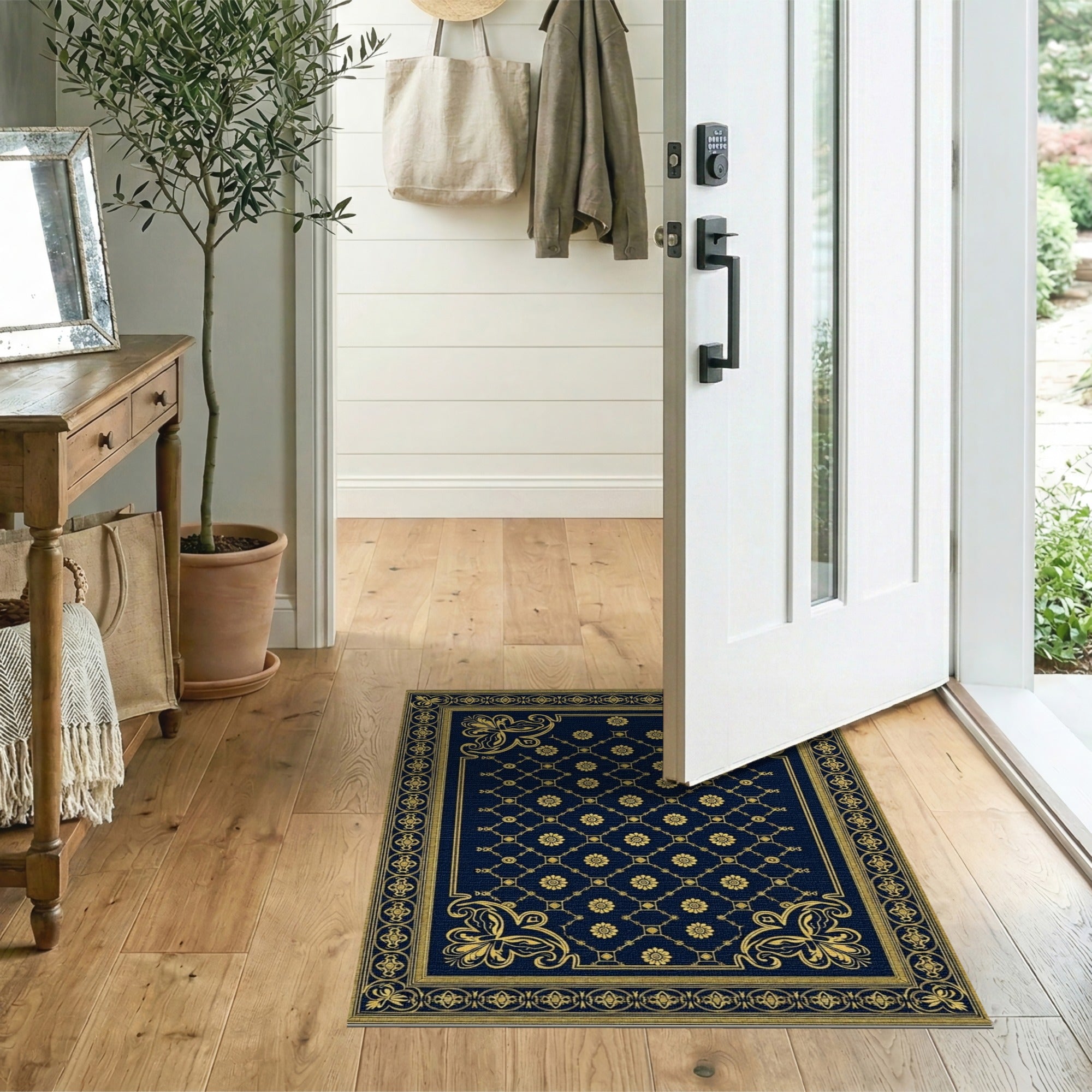 ODIKA Washable Navy & Gold Vintage Medallion Area Rug - Low Pile Non-Slip Traditional Carpet
