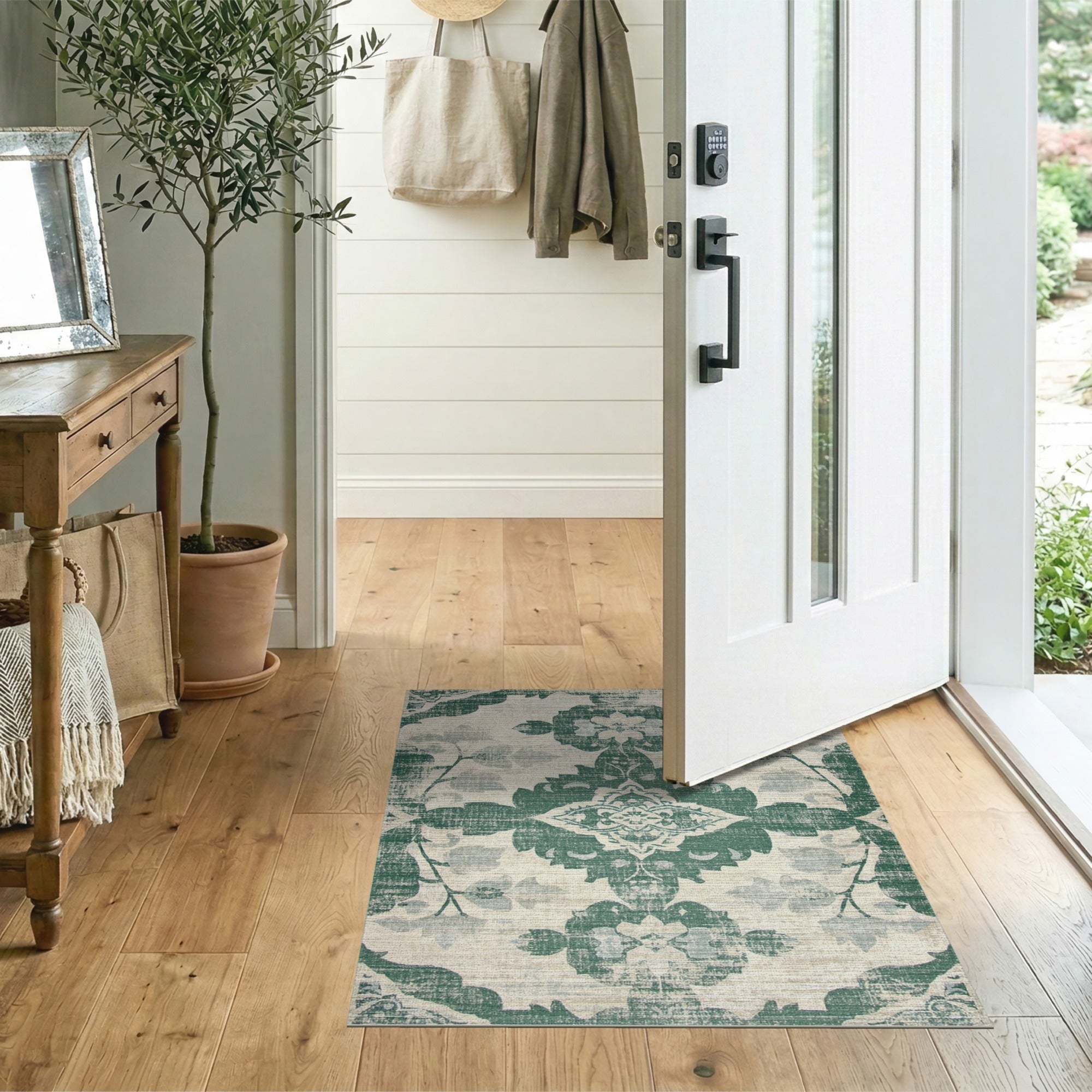 Distressed Green Floral Medallion Area Rug