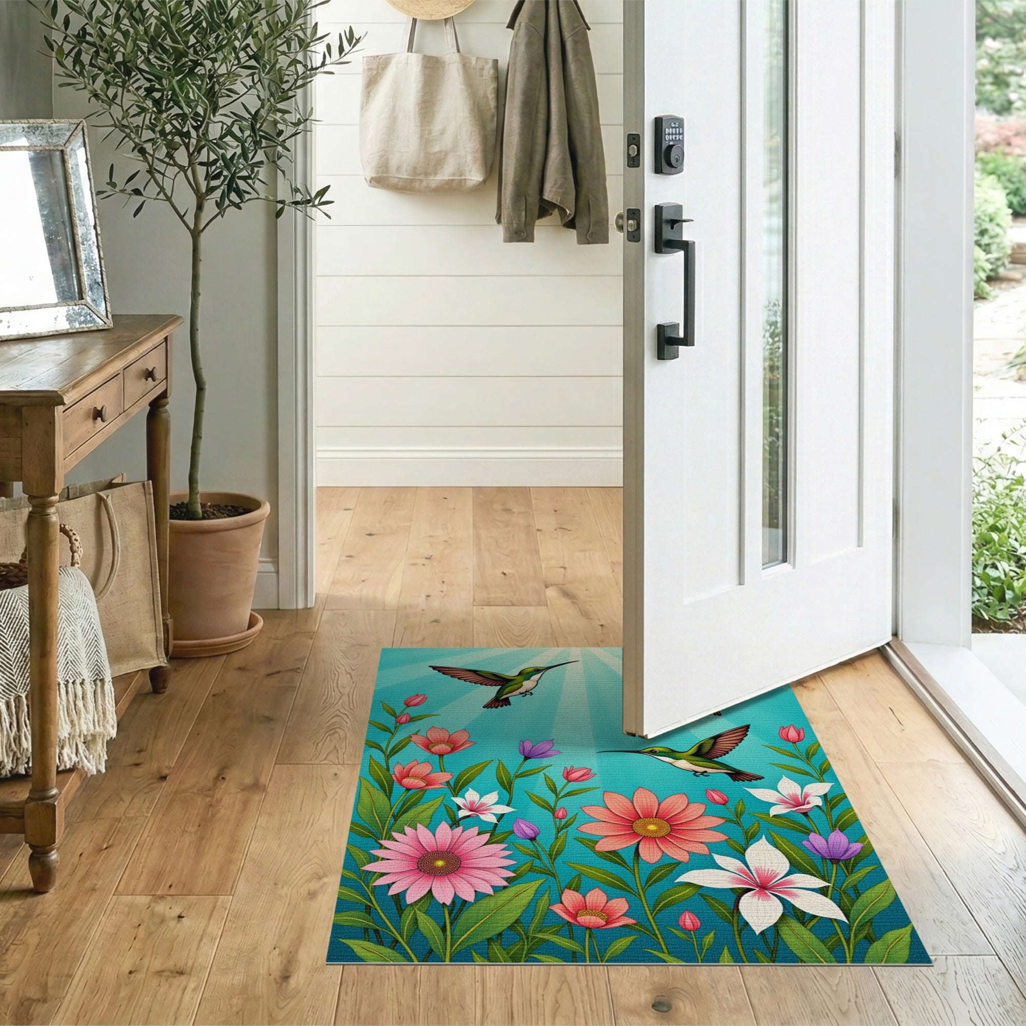 Sunlit Hummingbirds and Blooms Teal Area Rug