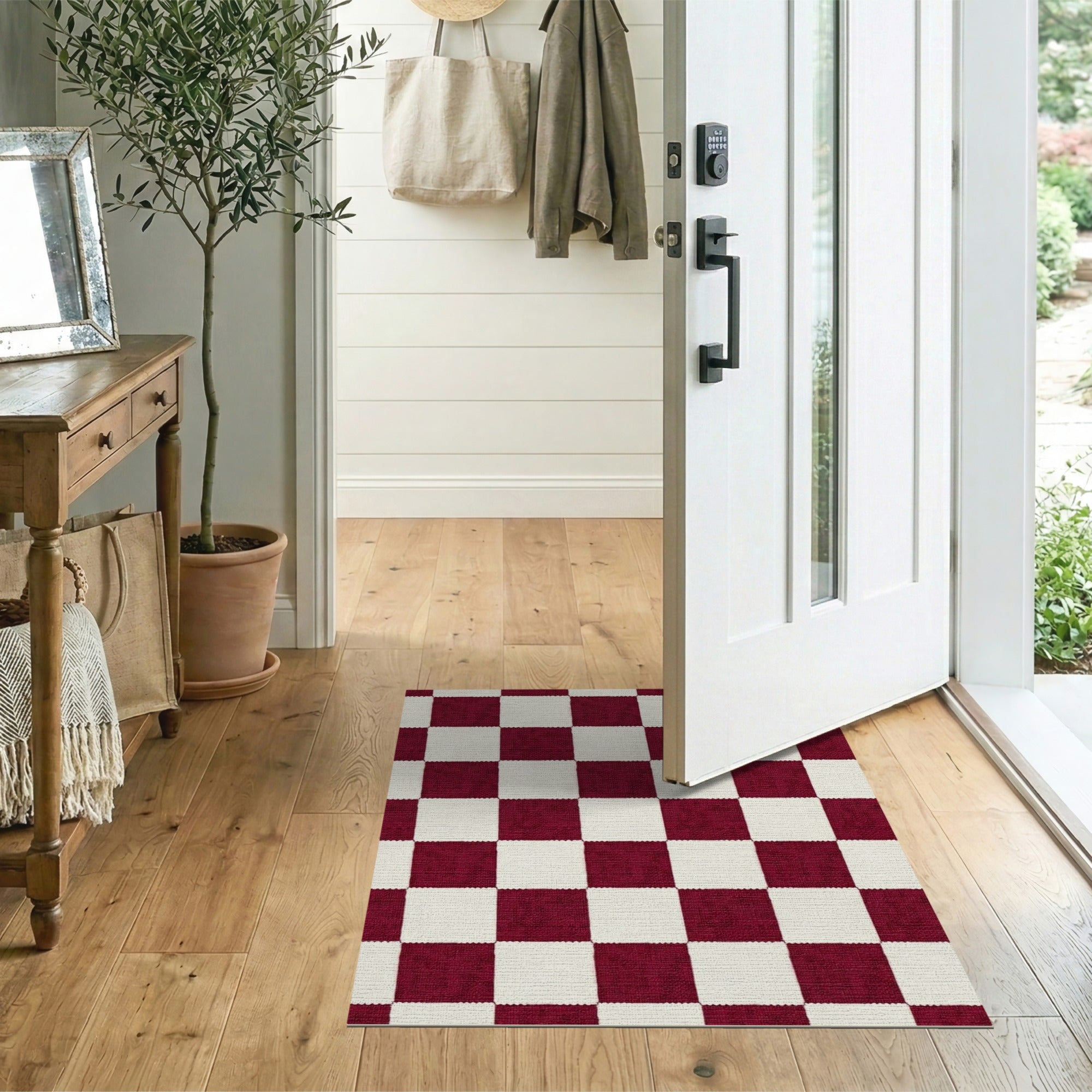 Red Distressed Red Checkered Area Rug
