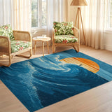 ODIKA Washable Retro Surfing Wave Area Rug - Low Pile Non-Slip Coastal Art