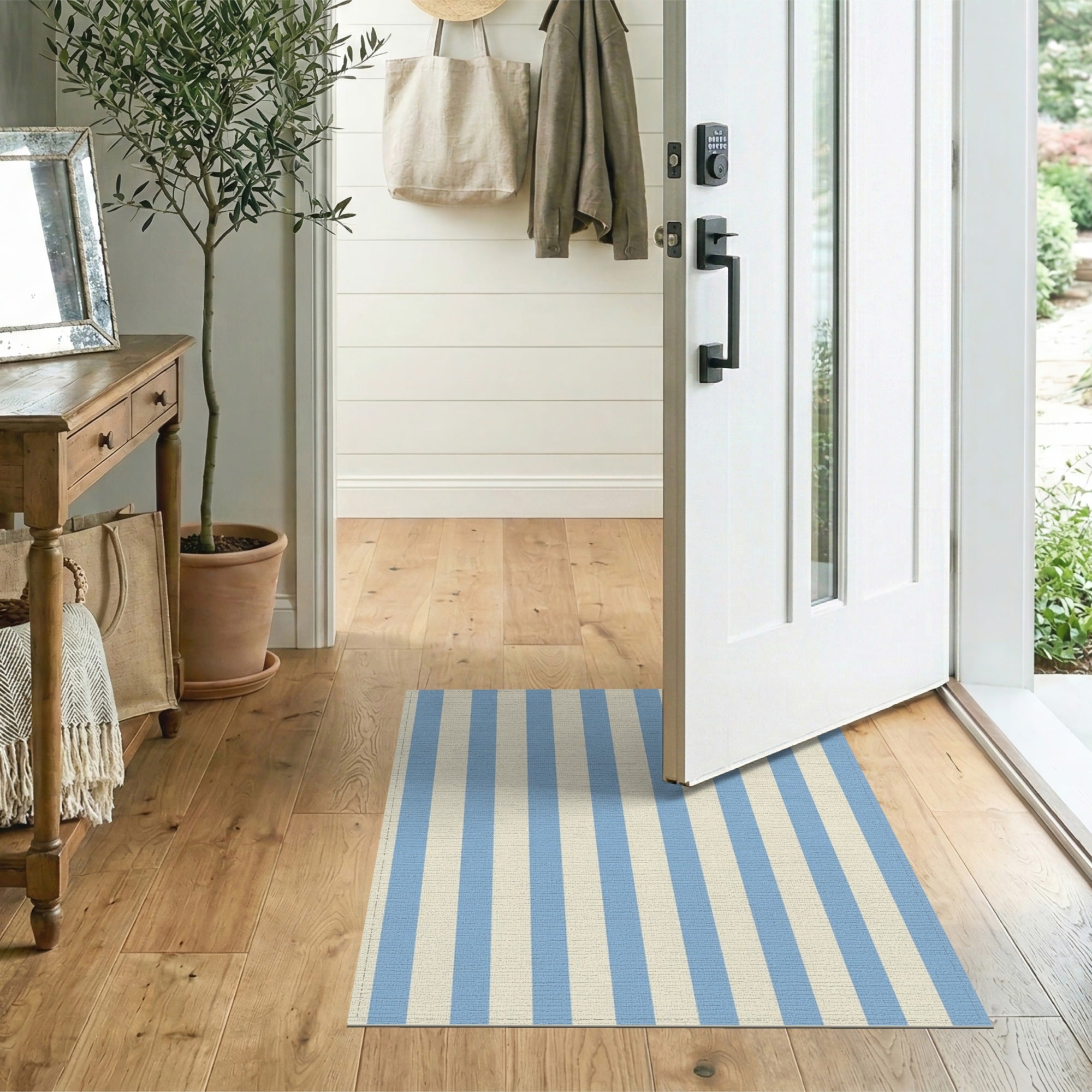 Blue Striped Washable Area Rug