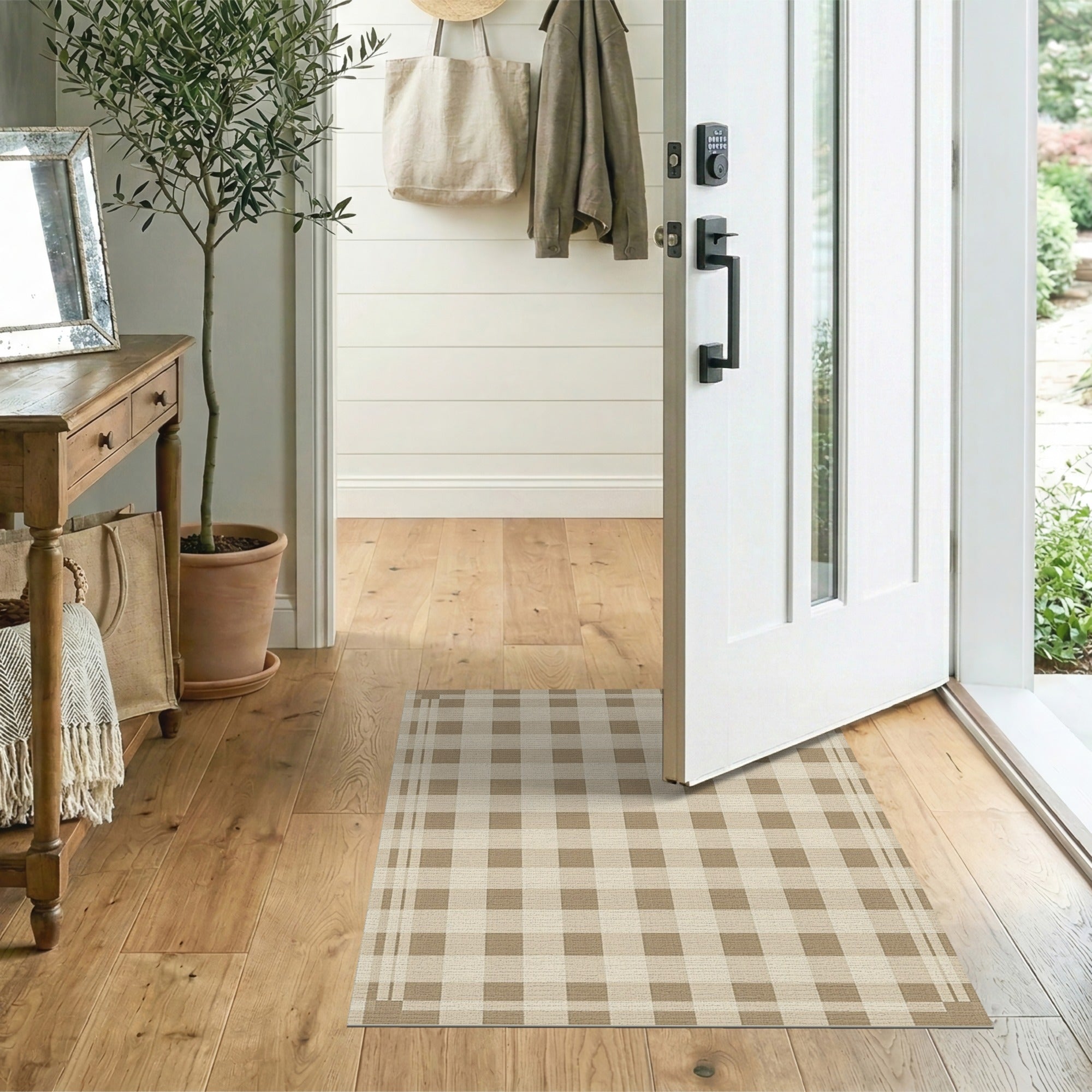 Beige Tan Checkered Rustic Farmhouse Rug