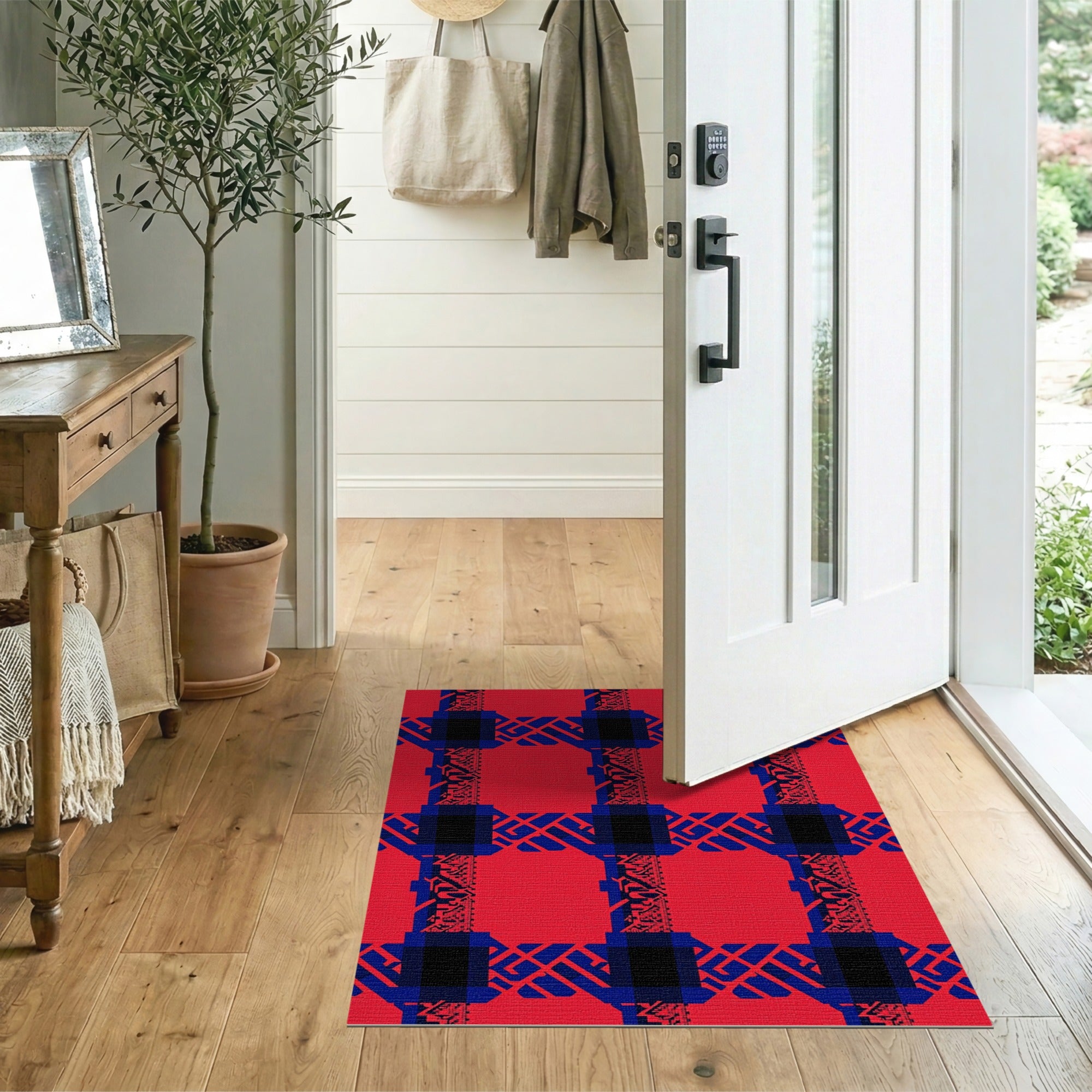 Bold Red Geometric Area Rug with Navy Blue Patterns