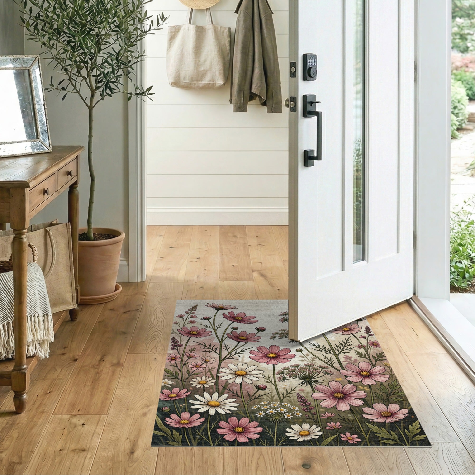 Pink Cosmos Daisy Wildflower Area Rug