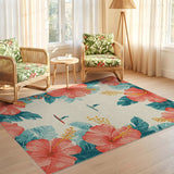 ODIKA Washable Tropical Hibiscus Floral Rug - Non-Slip Low Pile Coastal Surfer Area Rug