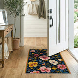 Navy Floral Area Rug with Pink Yellow Blooms