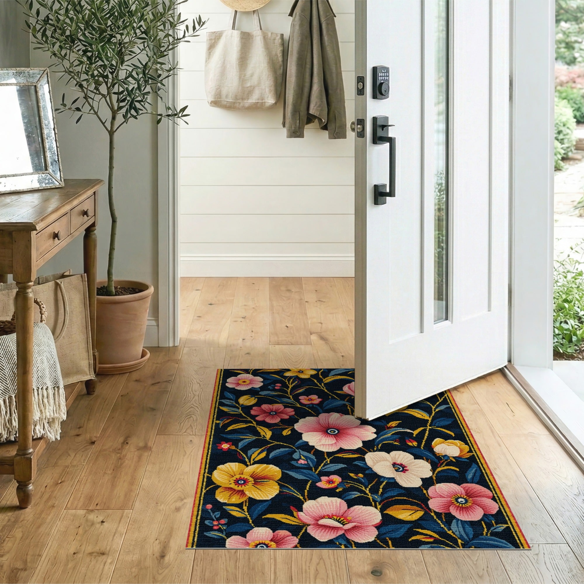 Navy Floral Area Rug with Pink Yellow Blooms