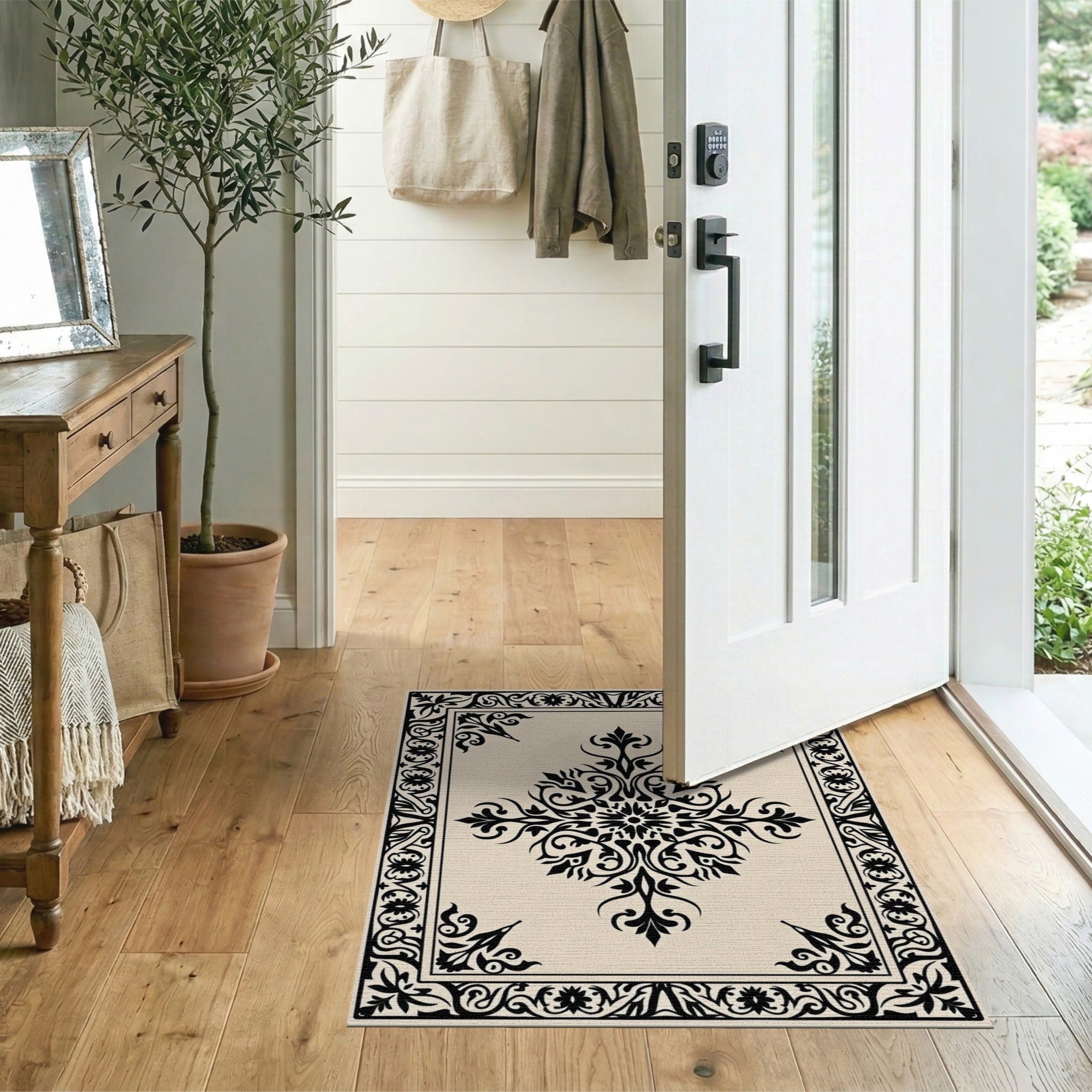 Cream Black Ornate Persian Floral Area Rug