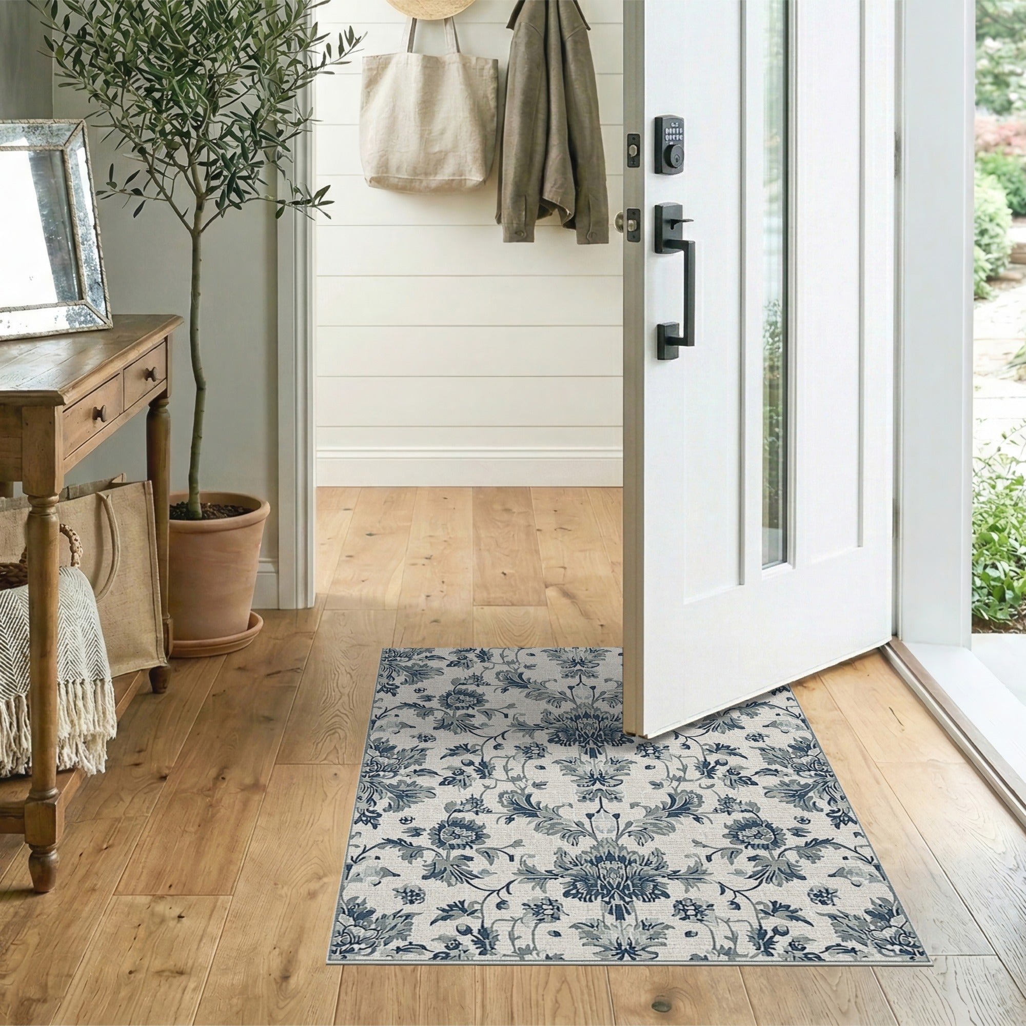 Navy Blue Peony Floral Vintage Area Rug