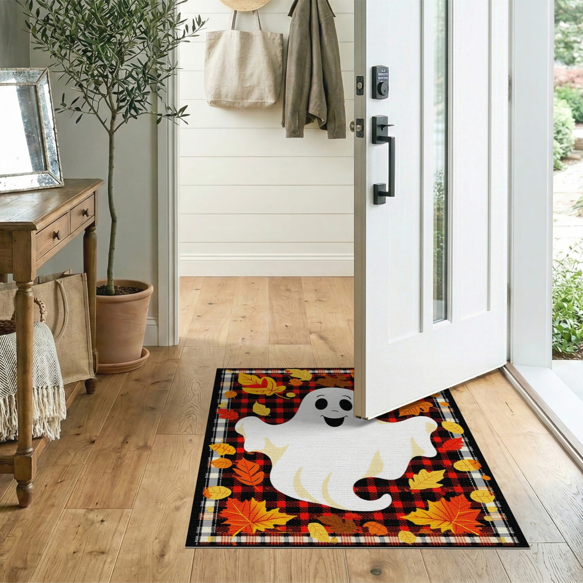 Buffalo Plaid Halloween Ghost Rug with Fall Leaves